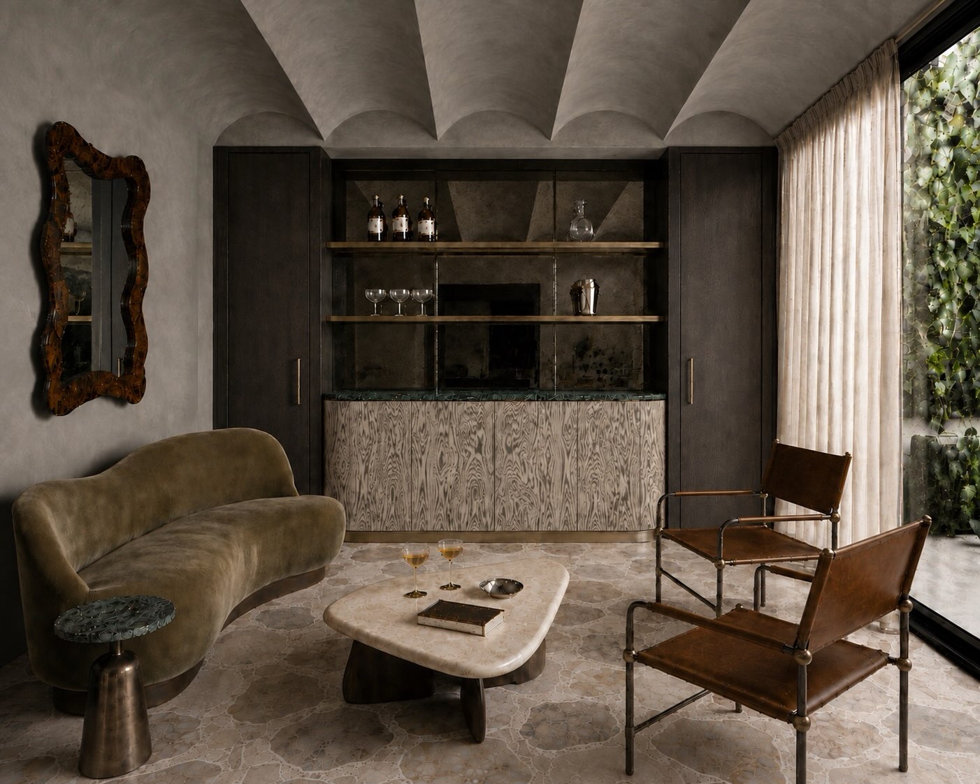 Cliff Haus: Home bar
.
Rich veneer, aged metal, bespoke furniture and layered textures create an intimate, moody setting, while the ceiling brings a strong architectural rhythm overhead.
The result is refined and quietly indulgent ,a space designed for entertaining, unwinding and staying a little longer.
#HomeBar #InteriorDesign #LuxuryInteriors #ResidentialInteriors BespokeInteriors SydneyInteriors A1DesignStusio