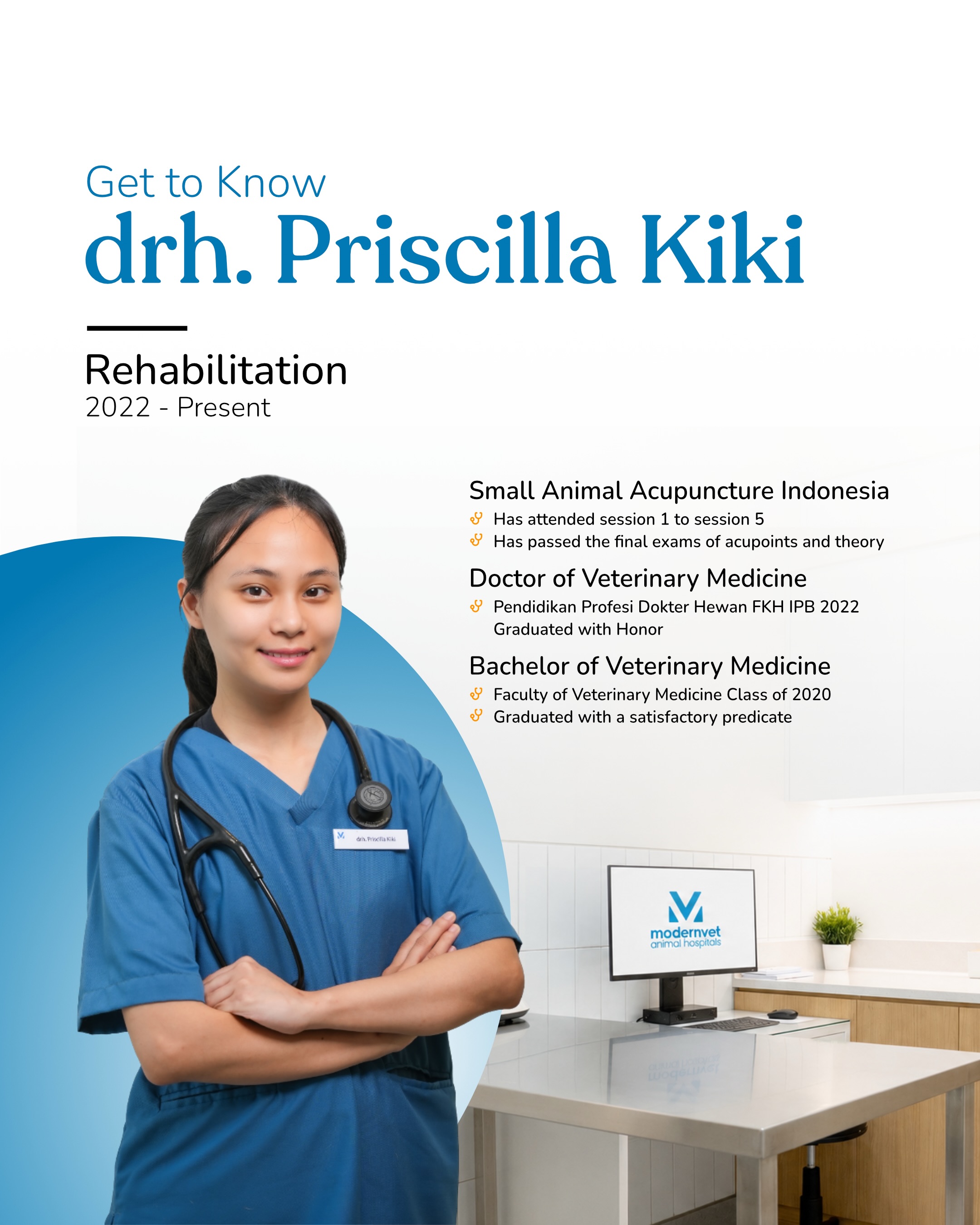 Mengenal kembali drh. Kiki lebih dekat yuk, pawrents! drh. Kiki merupakan salah satu dokter hewan kami dengan special interest di bidang rehabilitasi.
Ketertarikannya dalam dunia rehabilitasi semakin bertumbuh dari sebuah momen sederhana: melihat pasien perlahan pulih kembali. drh. Kiki terus mengembangkan kemampuannya di bidang rehabilitasi, karena beliau percaya, setiap pasien memiliki kebutuhan dan perjalanan pemulihan yang berbeda.
Dari akupunktur hingga laser therapy, kini, drh. Kiki juga sudah siap membantu anabul pawrents untuk sesi pilates, lho!
Mari jadwalkan sesi rehabilitasi anabul Anda bersama drh. Kiki melalui book.modernvet.co, atau klik link melalui bio kami! ๐
โ
Pawrents, letโs get to know drh. Kiki a little better! drh. Kiki is one of our veterinarians with a special interest in rehabilitation medicine.
Her passion for rehabilitation grew from a simple yet meaningful experience: witnessing patients gradually regain their strength and quality of life. Driven by this passion, drh. Kiki continues to expand her knowledge and skills in rehabilitation, believing that every patient has unique needs and their own recovery journey.
From acupuncture to laser therapy, drh. Kiki is now also ready to help your beloved pets through Pilates rehabilitation sessions!
Schedule your petโs rehabilitation session with drh. Kiki today through book.modernvet.co or click the link in our bio! ๐