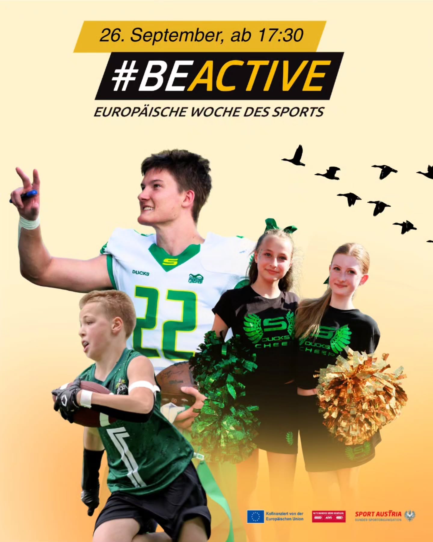 Seid dabei bei der #BeActiveNight!
Wir laden euch am 26. September ab 17:30 Uhr ein, American Football, Flag Football, Cheerleading und Ultimate Frisbee hautnah zu erleben. Egal ob Kind, Jugendlicher oder Erwachsener – kommt vorbei, es ist keine Voranmeldung notwendig!
Let's move! 🦆💪
#BeActive #BeActiveNight #BeActiveAustria