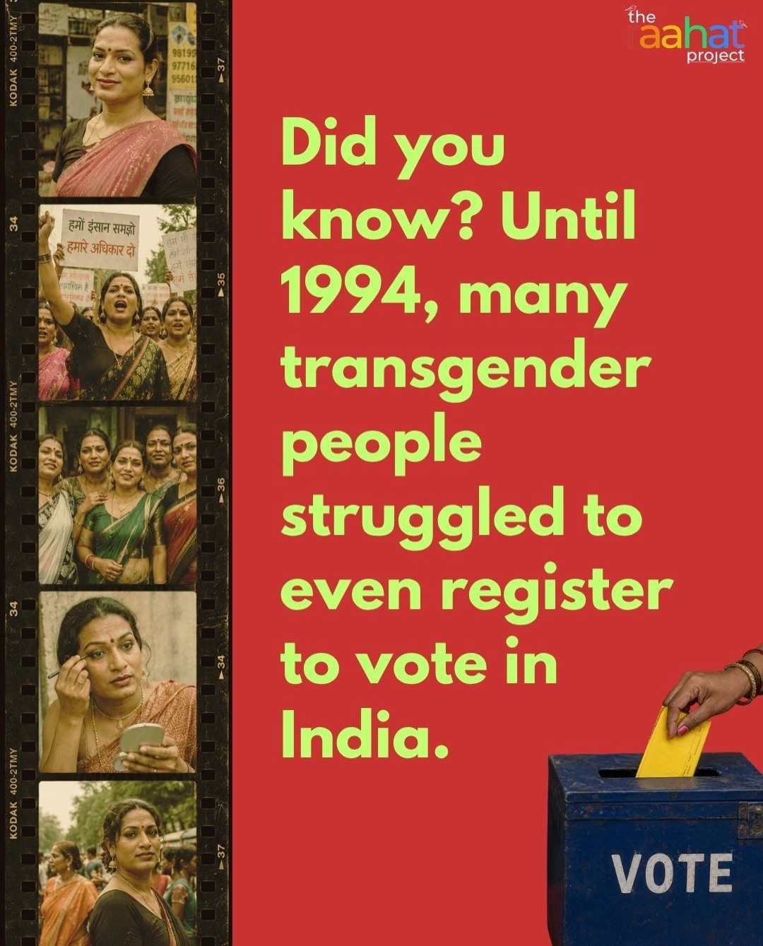 For decades, trans people were forced to navigate an electoral system that gave them no category of their own. But they didn’t stay invisible.
From demanding recognition in official records to organizing for voting rights, trans communities kept pushing, and in 1994, won a crucial breakthrough: the right to register to vote as male or female.
That still wasn’t full recognition. The “Other” option came in 2009, followed by the Supreme Court’s landmark NALSA judgment in 2014.
These rights weren’t simply given. They were fought for.
They organized. They demanded. They changed the system.
And they built a door, and walked through it.
#TransHistory #TransRights #QueerHistory #LGBTQIAIndia