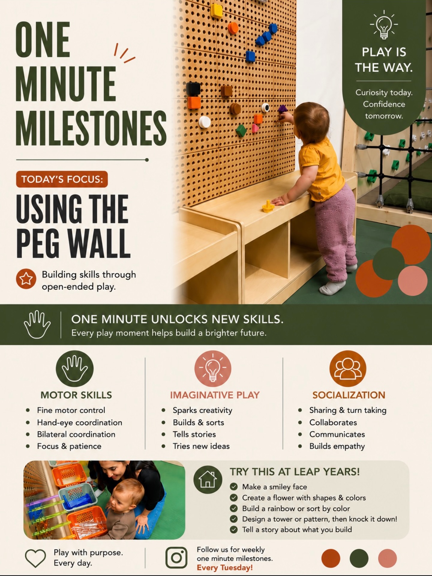 One Minute Milestone: The Peg Wall 🖐️
*At all 3 locations*
It looks like simple play, but those little pegs are doing a lot of work.
Peg wall play helps build:
• Fine motor skills + hand-eye coordination
• Focus + problem-solving
• Creativity + imaginative play
• Sharing, communication + teamwork
The best part? There’s no “right” way to play. Kids can build, sort, create and start all over again.
One minute unlocks new skills. ✨
Follow along every Tuesday for a new milestone!