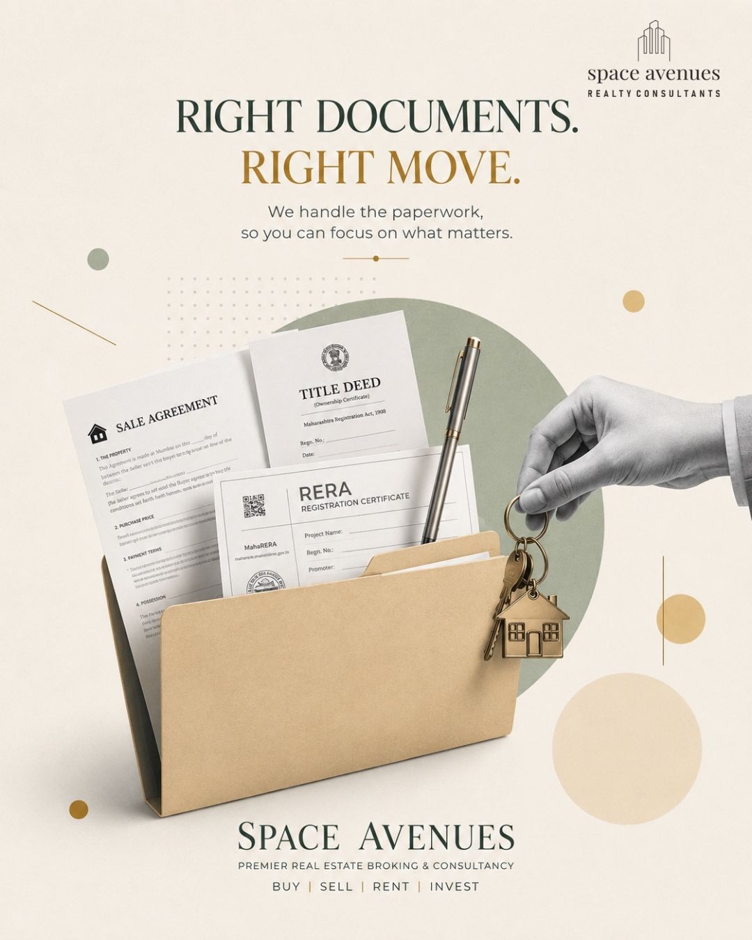The part of buying a home that nobody talks about? The paperwork. Title deeds, RERA registration, sale agreements one missed clause can turn a dream purchase into a legal headache.
That's exactly why Space Avenues handles it end-to-end, so you get the keys without the stress.
We handle the paperwork, so you can focus on what matters.
RERA-compliant. Fully verified. Zero guesswork.
#spaceavenues #realestatemumbai #reality #propertydocuments #homebuying #realestateconsultancy #trustedrealestate #mumbaiproperty #propertylegal #realestateindia