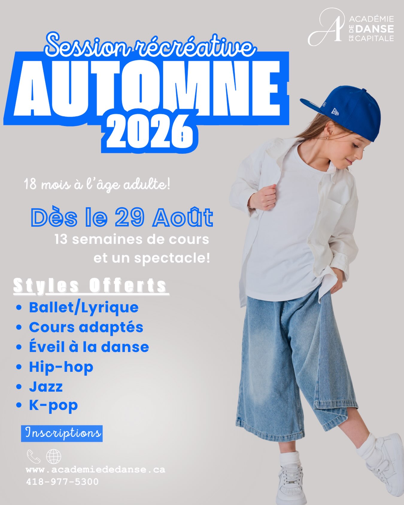🎉 C’EST LE DÉBUT DE LA SESSION RÉCRÉATIVE ! 🎉
Quelle joie de retrouver notre grande famille récréative ADC ! ❤️✨
Les studios reprennent vie, les sourires sont de retour et nos danseurs sont prêts à vivre une nouvelle session remplie de plaisir, de découvertes et de beaux moments en danse.
Nous sommes tellement heureux de vous retrouver et d’accueillir de nouveaux danseurs dans notre belle famille !
Il reste encore quelques places disponibles dans certains groupes… faites vite pour vous joindre à nous ! 🔥
👉 Inscrivez-vous dès maintenant :
🌐 www.academiededanse.ca
📞 418-977-5300
On a hâte de danser avec vous ! ✨