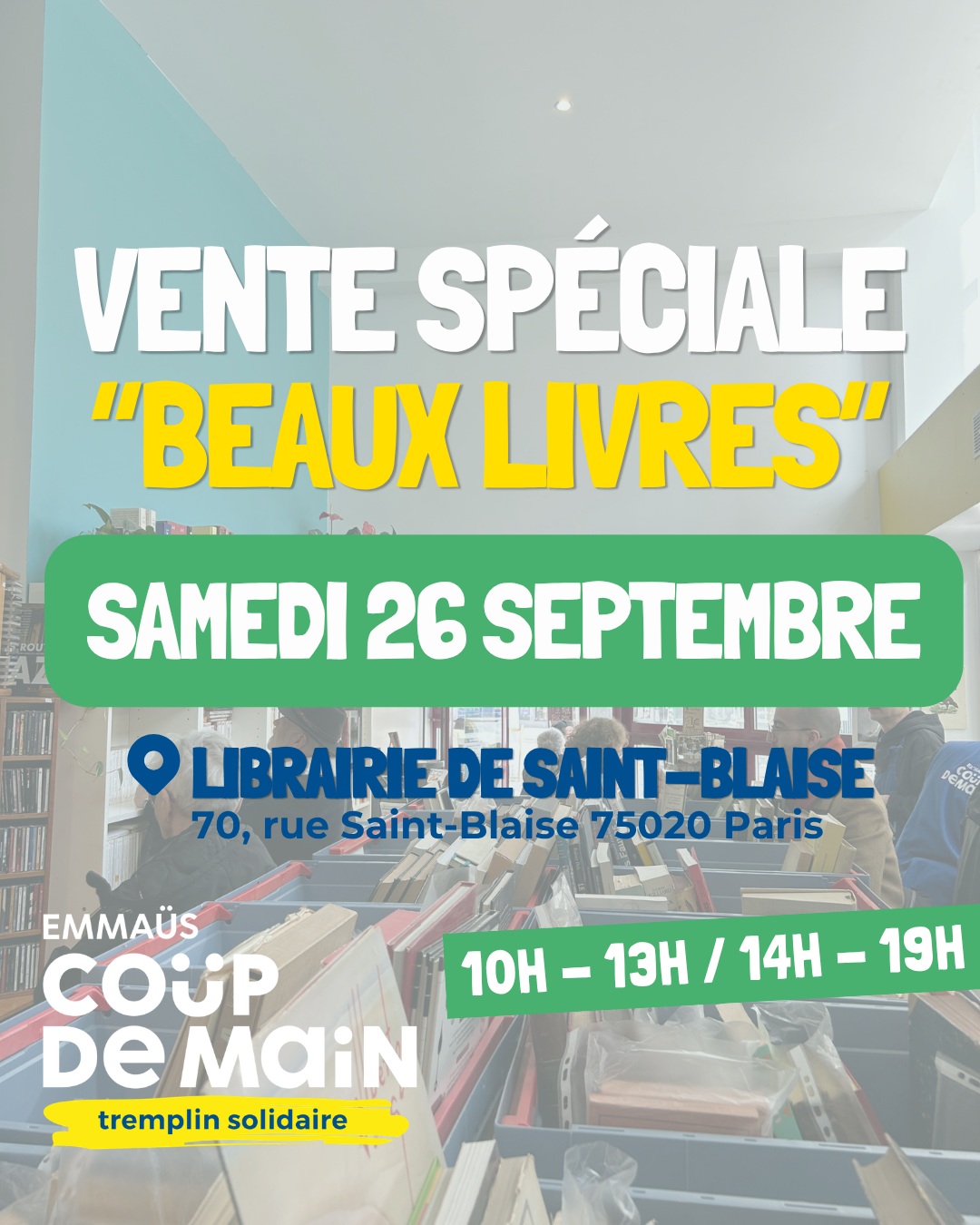 📢 Rendez-vous le samedi 26 septembre pour une nouvelle vente spéciale dans notre librairie de Saint-Blaise !
Amoureux de culture et de belles découvertes, cette journée est pour vous !
📖 Livres d’art, d’histoire, de photographie, romans, BD… et bien d’autres trésors culturels vous attendront à prix solidaires.
L’occasion parfaite de dénicher de beaux ouvrages, de se faire plaisir ou de trouver une idée cadeau tout en favorisant le réemploi et l’accès à la culture.
📍 Librairie de Saint-Blaise
70 rue de Paris, 75020 Paris
🕙 10h–13h / 14h–19h
On vous attend nombreux !