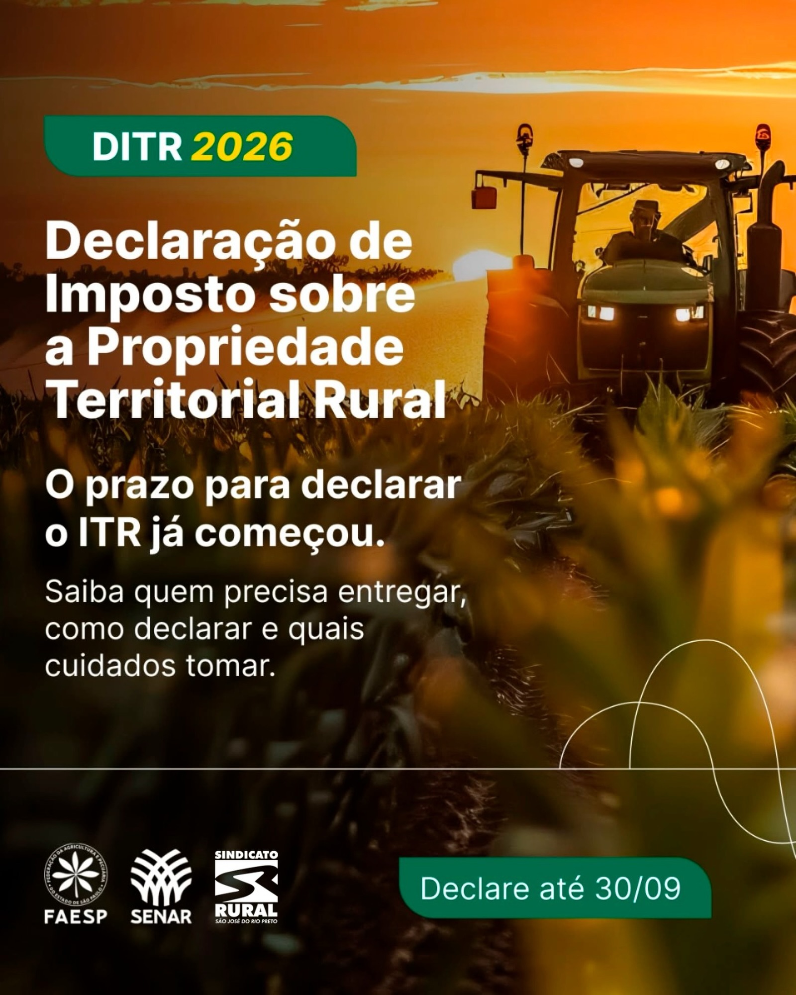 🌾 DITR 2026: o prazo já começou!
Se você possui um imóvel rural, fique atento: a Declaração do Imposto sobre a Propriedade Territorial Rural (DITR) deve ser entregue até 30 de setembro de 2026.
A obrigação vale, em regra, para proprietários, titulares do domínio útil e possuidores de imóveis rurais, respeitadas as hipóteses legais de imunidade ou isenção.
📋 Para evitar erros e correrias de última hora, organize a documentação com antecedência e confira cuidadosamente as informações do imóvel, do contribuinte e da utilização da propriedade.
Em 2026, a declaração pode ser feita pelo serviço Minhas Declarações do ITR, da Receita Federal. Para pessoas físicas com imóvel rural de até 100 hectares, também existe a opção do Programa ITR 2026.
⚠️ Não deixe para a última hora. A entrega após o prazo está sujeita à multa por atraso, com valor mínimo de R$ 50.
📌 Salve este post para consultar depois e compartilhe com outro produtor que precisa fazer a DITR.
Telefone: (17) 3232-5115⠀
Site: www.sindicatoruralsjrp.com.br
#SindicatoRuralSJRioPreto #DITR2026 #ImovelRural #ProdutorRural #SãoJoséDoRioPreto