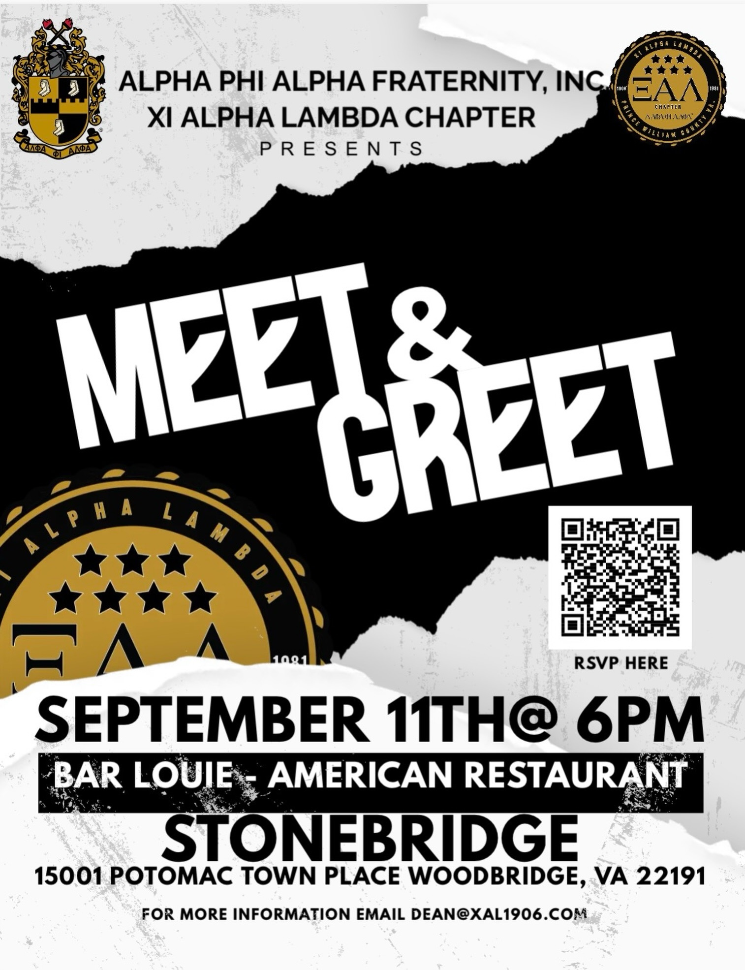 Join the brothers of Alpha Phi Alpha Fraternity, Inc. The Xi Alpha Lambda Chapter for good vibes, good food, great convo and the opportunity to connect and network,
Friday September 11 at Bar Louie - Stonebridge 15001 Potomac Town Place Woodbridge VA 22191
RSVP with the QR code and pull up on us.