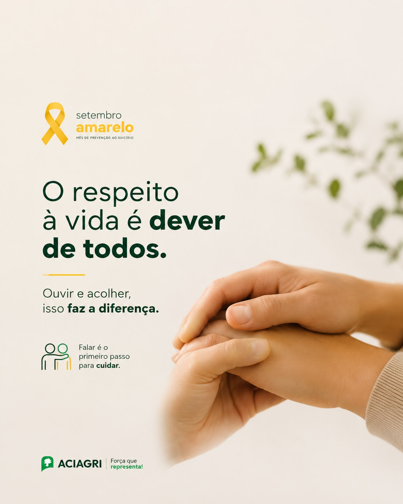 Setembro Amarelo é um convite à empatia, à escuta e ao cuidado. 💛
Às vezes, estar presente, ouvir sem julgamentos e acolher pode fazer toda a diferença na vida de alguém. 🙏🏻
Valorizar a vida também é perceber quem está ao nosso lado. É criar espaços de diálogo, respeito e apoio. ✨
Neste mês, reforçamos uma mensagem que precisa permanecer durante todo o ano: ninguém precisa enfrentar momentos difíceis sozinho. 🤝
Ouvir e acolher faz a diferença.
ACIAGRI - Força que representa! 💚