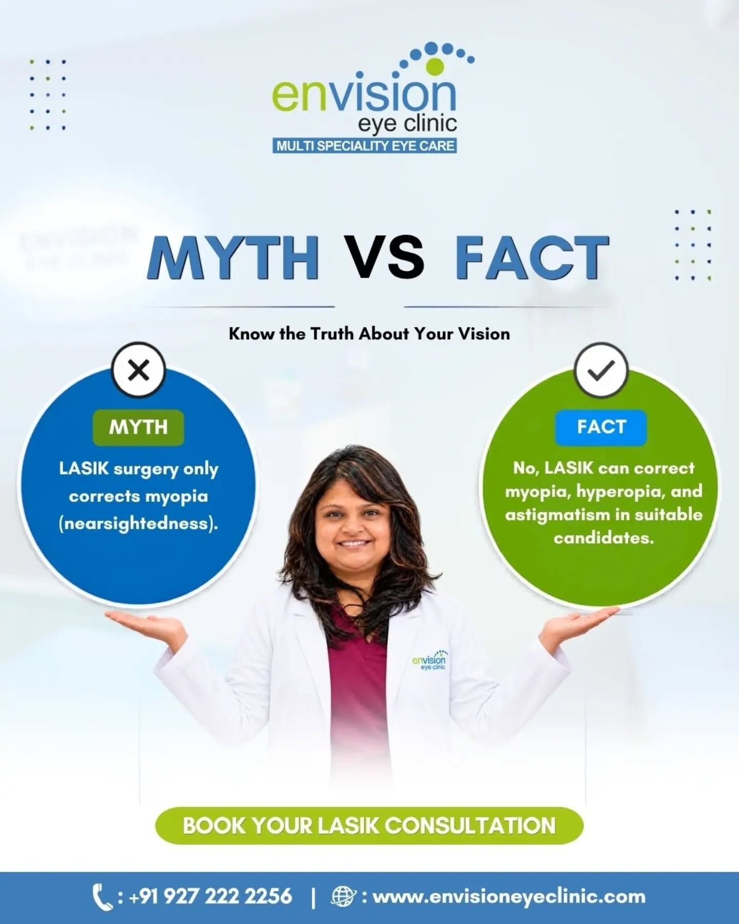 ๐๏ธ Myth vs Fact: What can LASIK actually correct?
Think LASIK only corrects nearsightedness? Thatโs a myth. LASIK can correct myopia, hyperopia, and astigmatism in suitable candidates. A proper eye evaluation is important to know whether LASIK is right for you.
(LASIK, myopia, hyperopia, astigmatism, refractive surgery, vision correction)
๐ 2nd Floor, Shivraj Apartments, Near Parihar Chowk, Aundh, Pune, Maharashtra 411067
#LASIK #VisionCorrection #EyeHealth #RefractiveSurgery #EnvisionEyeClinic