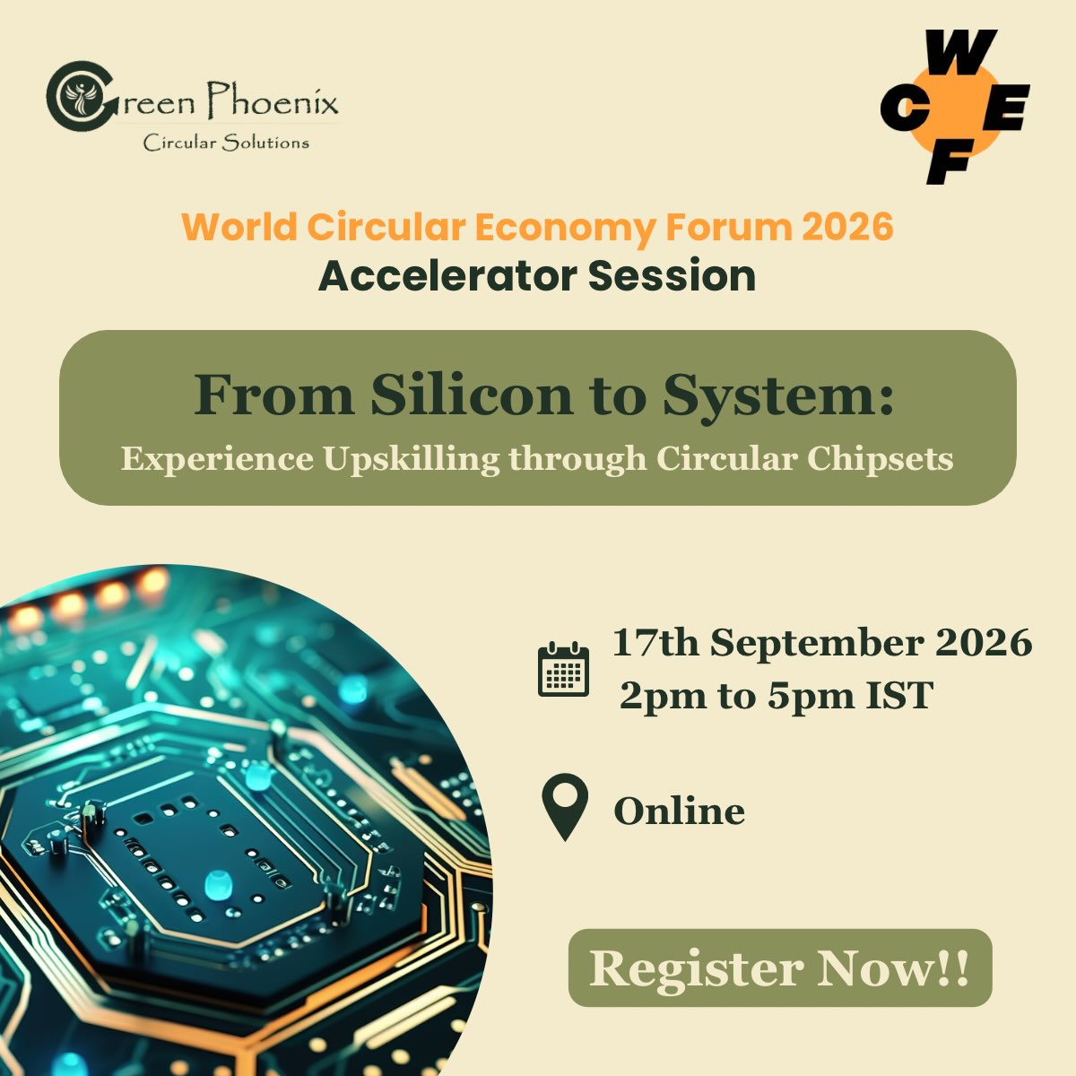 Join our #WCEF2026 Accelerator Session
‘𝗙𝗿𝗼𝗺 𝗦𝗶𝗹𝗶𝗰𝗼𝗻 𝘁𝗼 𝗦𝘆𝘀𝘁𝗲𝗺 - 𝗘𝘅𝗽𝗲𝗿𝗶𝗲𝗻𝗰𝗲 𝗨𝗽𝘀𝗸𝗶𝗹𝗹𝗶𝗻𝗴 𝘁𝗵𝗿𝗼𝘂𝗴𝗵 𝗖𝗶𝗿𝗰𝘂𝗹𝗮𝗿 𝗖𝗵𝗶𝗽𝘀𝗲𝘁𝘀’
The chipset powers modern life, yet it’s among the most resource-intensive products ever made and the hardest circular problem we know of — twenty-plus materials, ultra-pure inputs, and a design history that never once asked “what happens to this after?” This experiential accelerator by @greenphoenix_cs uses the chipset as a living case study to ask: how do we transform an industry from linear “take-make-dispose” logic into a genuinely circular system?
𝗪𝗵𝗼 𝘁𝗵𝗶𝘀 𝗶𝘀 𝗳𝗼𝗿: not just sustainability teams. Supply chain, design, operations, strategy, policy,students — the people who make the decisions sustainability teams later have to clean up. If that’s you, this session was built with you in the room.
Background in semiconductors is not required, the chipset is the lens, and the skills gained are universal. Participants leave with a transferable model for circular thinking, hands-on skill practice, a four-phase framework for analysing any product, and the conviction that the loop can be closed.
📅 17th September 2026
🕑 14.00 hrs to 17.00 hrs IST (10.30 hrs to 13.30 hrs CEST)
📍Online
Link to register in the Bio
(Circular Economy Regenerative design Skills Circular industries Semi-conductor E-waste)