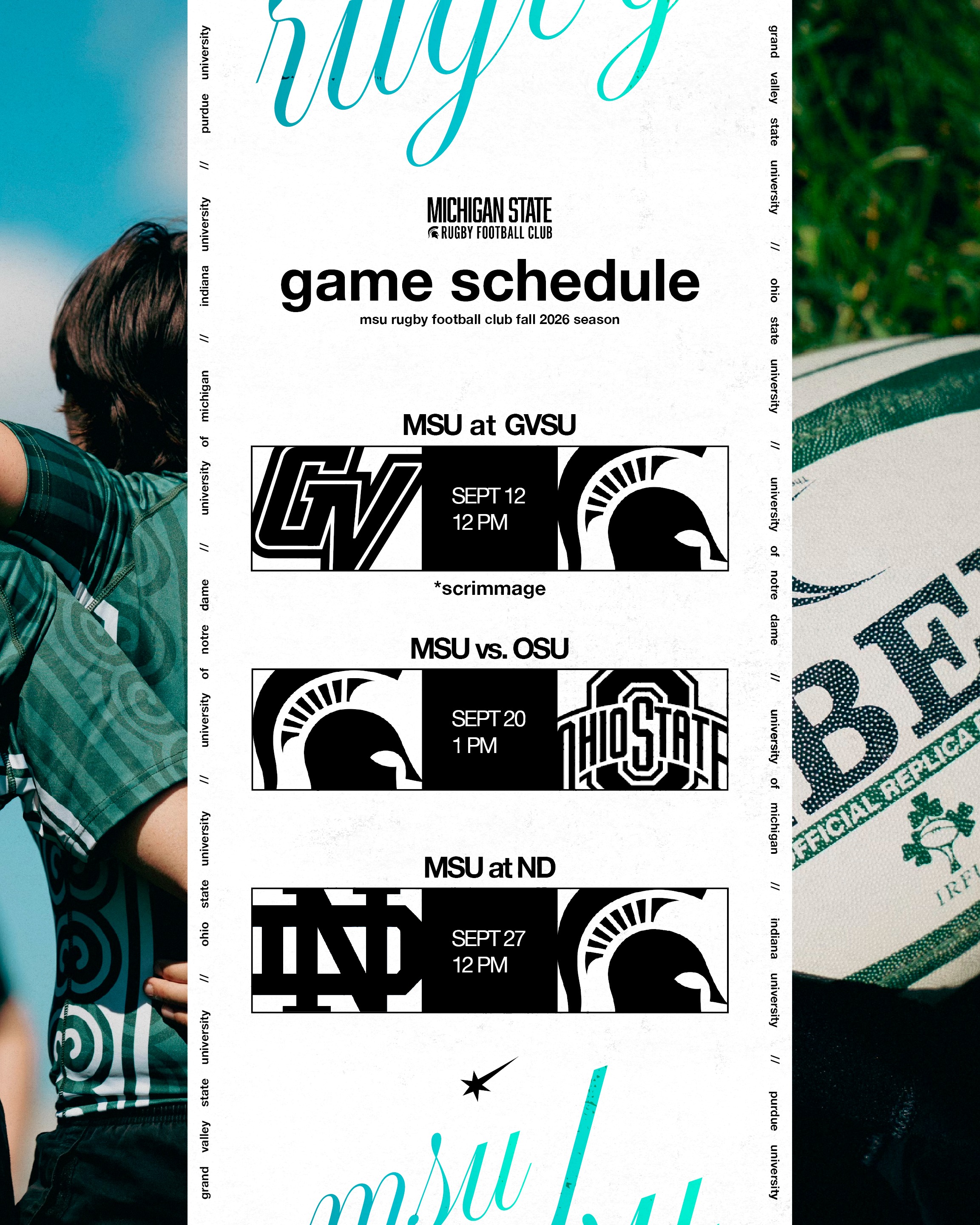 Fall 2026 Season Game Schedule 💚
9/12 @ 12 PM - Scrimmage at GVSU
9/20 @ 1 PM - Home Game with OSU
9/27 @ 12 PM - Away Game at Notre Dame
10/11 @ 11 AM - Home Game with UMich
10/18 @ 10 AM - Away Game at IU
10/31 @ 2 PM - Home Game with Purdue
Come cheer on your favorite ruggers as we take on this packed season. 🔥🏉