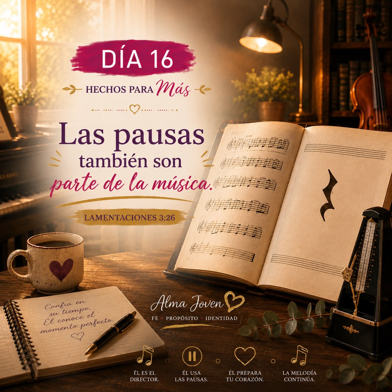 🎼 Hechos para Más | Día 16
Hay temporadas en las que parece que la música se detuvo.
Oramos. Esperamos. Miramos alrededor… y nada parece cambiar.
Pero en una composición, el silencio también tiene un lugar. La pausa no significa que el músico olvidó la canción ni que el Director abandonó la obra.
✨ Las pausas también son parte de la música.
Quizás hoy te encuentras entre una nota y la siguiente. No confundas el silencio de Dios con su ausencia. Mientras esperas, Él puede estar fortaleciendo tu fe, preparando tu corazón y acomodando aquello que todavía no puedes ver.
📖 “Bueno es esperar en silencio la salvación de Jehová.” — Lamentaciones 3:26
💜 Pregunta para reflexionar:
¿En qué área de tu vida necesitas dejar de apresurar la próxima nota y aprender a confiar en el tiempo de Dios?
La pausa no es el final de tu canción.
El Director todavía tiene la batuta en sus manos… y la melodía continúa. 🎶✨
Lee el devocional completo en nuestro blog:
www.almajoven.com/blog
#HechosParaMás #AlmaJoven #LasPausasTambiénSonParteDeLaMúsica #Lamentaciones326 #Devocional TiempoDeDios ConfíaEnDios Fe Propósito DiosSigueObrando
