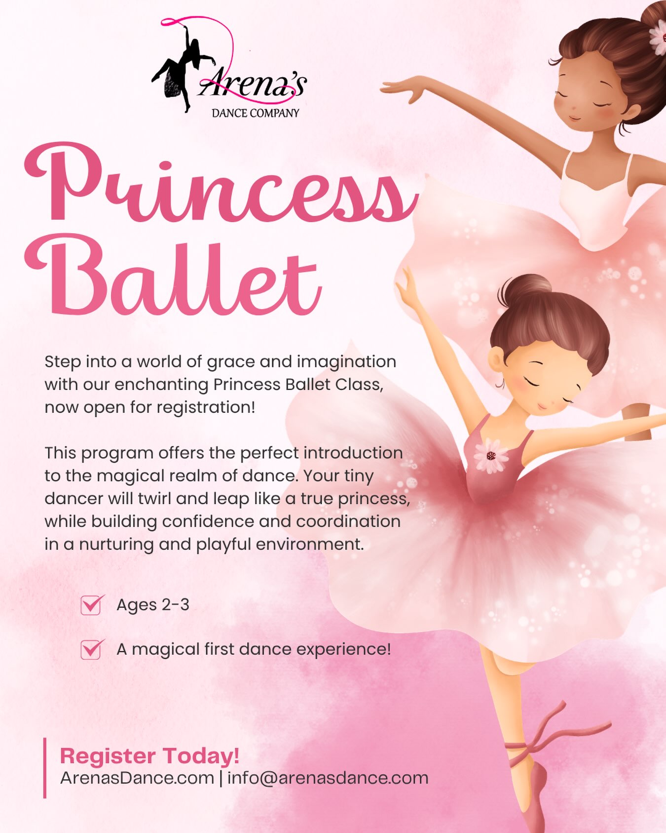 🩰✨ Twirl, dance & dream! Princess Ballet is open for enrollment at ArenasDance.com.