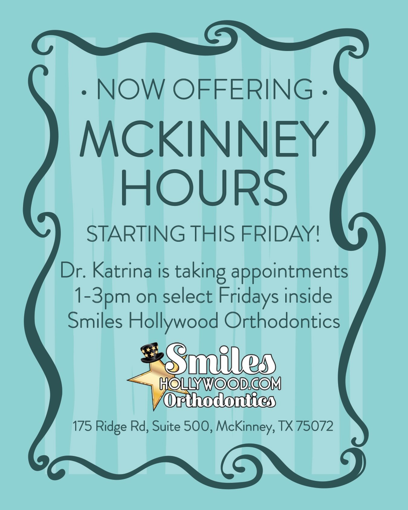 Exciting news for our McKinney patients! Starting this Friday, 9/4, Dr. Katrina is expanding her hours and will now be taking chiropractic appointments from 1:00 PM – 3:00 PM on select Fridays at Smiles Hollywood Orthodontics!
175 Ridge Rd, Suite 500, McKinney, TX 75072
Upcoming Friday Dates:
• September 4th & 18th
• October 2nd & 23rd
• November 6th & 20th
• December 4th & 18th
Spots during these hours are limited, so be sure to secure your time ahead of schedule!
Schedule an appointment for you and your whole family with Dr. Katrina today at Triada Chiropractic!
>>> triadachiropractic.janeapp.com
#mckinneytx #pediatricchiropractic #newhours #planomoms dfwmoms
