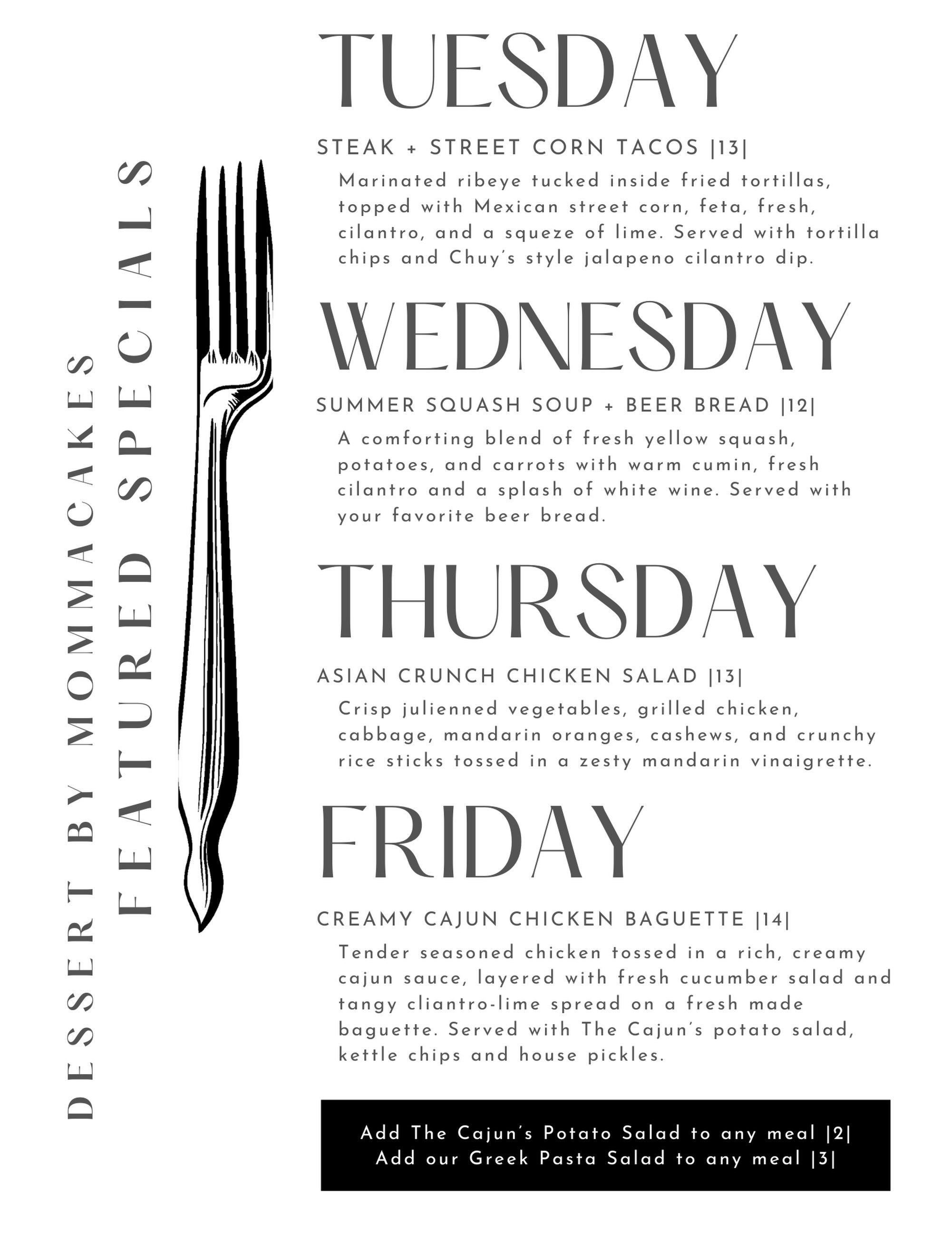 🚨🍴 WARNING: Looking at this week’s specials on an empty stomach may cause sudden lunch plans. 😂🤤
And honestly… we’re not mad about it. 😏🔥
🌮🥗🥪🥣 Every day brings something delicious, so take a peek at the menu, pick your day, and COME GET FED! 🙌😋
🚗💨 Can’t make it in? No problem!
📦 Takeout? Absolutely.
🚙 Delivery? We’ve got you.
📞 Whatever it takes to get you fed, we’ll do our best to make it happen! ❤️🍴
Because around here, hungry people are our people. 😂😂
👀👇 So… WHICH DAY ARE WE SEEING YOU?!
#DessertByMommaCakes #FairfieldTX #SmallTownBigFlavor #ComeGetFed #FoodWorthDrivingFor