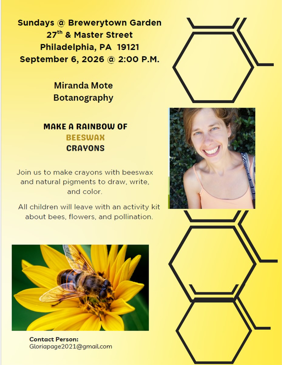 Come make a rainbow of beeswax crayons and make leaf rubbings this Sunday at 2pm at Brewerytown Community Garden! 🌈 🐝 All ages welcome!!! Children will receive a literacy and art kit about plants and pollination. @mirandaemote @brewerytowngarden #bees #beesingardens #pollination #environmentalliteracy