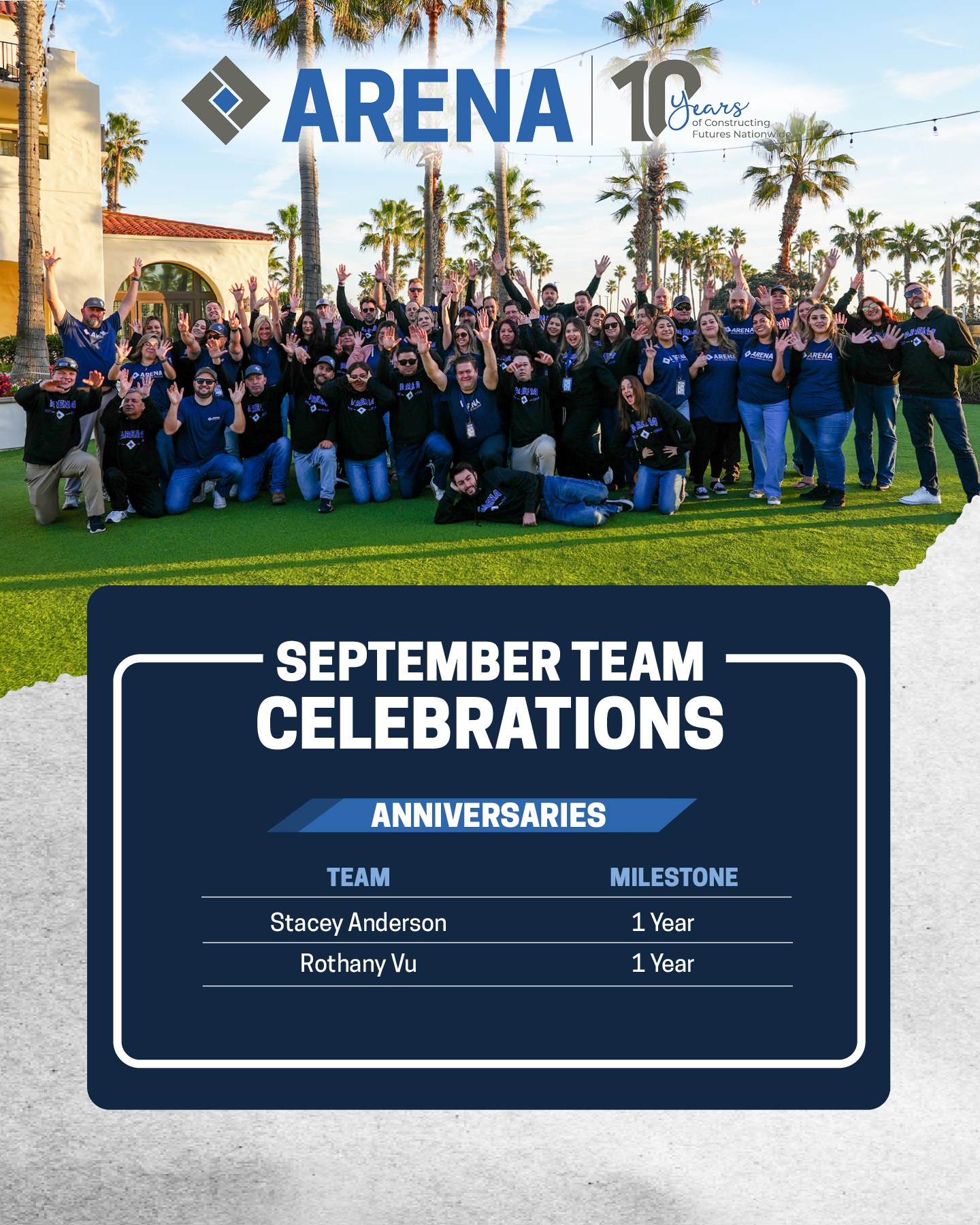 Celebrating our September Team Anniversaries! 🎉
This month, we’re recognizing Stacey Anderson and Rothany Vu as they both celebrate 1 year with Arena!
Thank you both for your dedication, hard work, and the impact you’ve made during your first year. We’re grateful to have you as part of the Arena and look forward to celebrating many more milestones together!
Join us in congratulating Stacey and Rothany on their 1-year Arena anniversary!
#ArenaStaffing #TeamCelebration #DirectHire #SkilledTrades #ConstructionStaffing