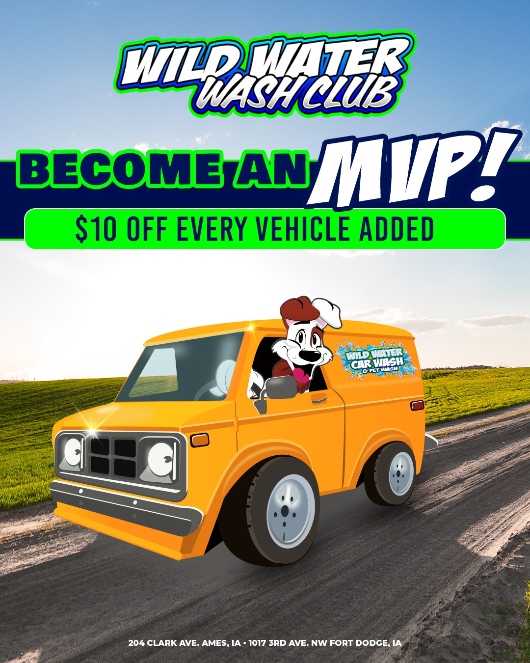 It's time to become an MVP at Wild Water Car Wash & Pet Wash! Our Multi-Vehicle Plan gives you $10 off every additional automatic car wash membership added to your base membership. Learn more at ➡️ WildWaterCarWash.com
📍204 Clark Ave. Ames, IA
📍1017 3rd Ave. NW Fort Dodge, IA Self-Serve Car Wash & Pet Wash only