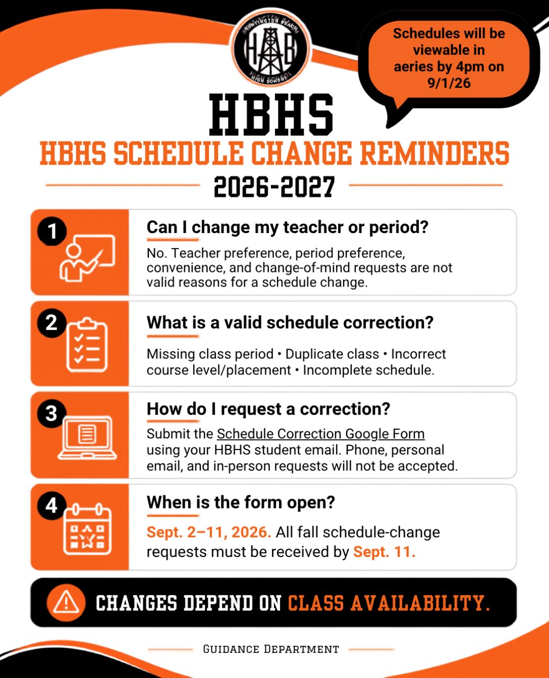 View your schedule on Aeries today at 4pm!!! We’ll see you tomorrow, Oilers!🧡🖤