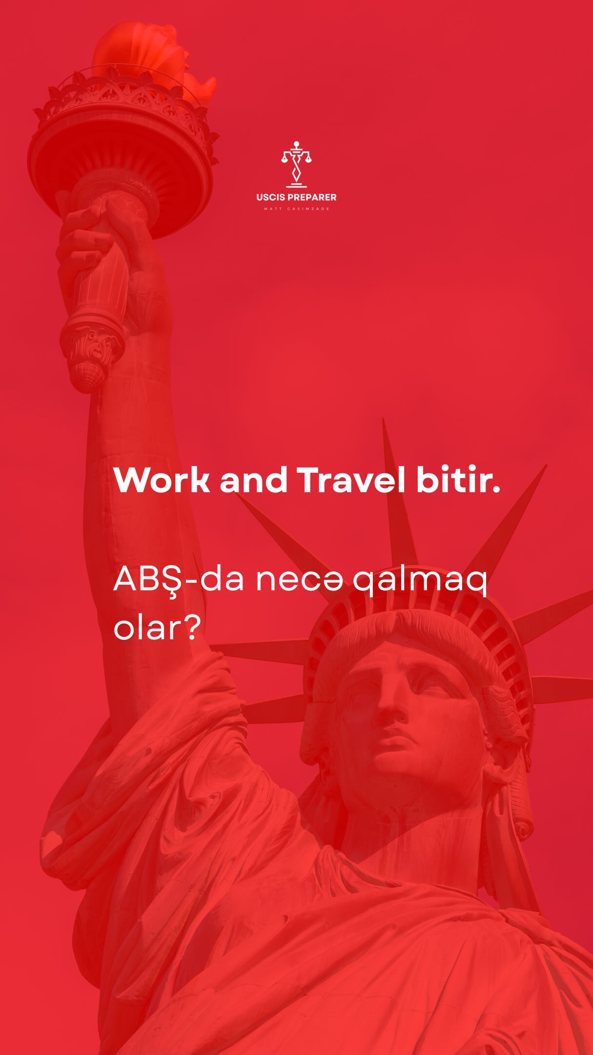 Work and Travel bitir, bəs sonra? 🇺🇸
ABŞ-da qalmaq üçün sizə uyğun qanuni imkanları vaxtında dəyərləndirin.
Başlamaq üçün şərhdə “WAT” yazın.
Work and Travel is ending - what comes next? 🇺🇸
Explore the legal options that may fit your situation before making your next move.
Comment “WAT” to get started with us.
#WorkAndTravel #USVisa #USImmigration