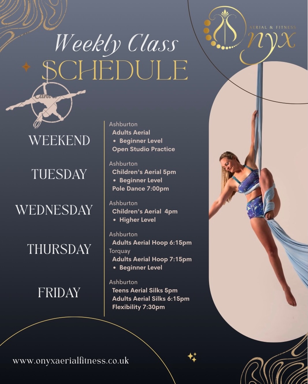 Onyx weekly schedule ✨
We have classes for all levels. Use discount code ‘WELCOME’ for 50% off your first class with us.
Book via our website link in bio .
#aerialarts #aerialhoop #classesforadults #classesforkids #acrobatics