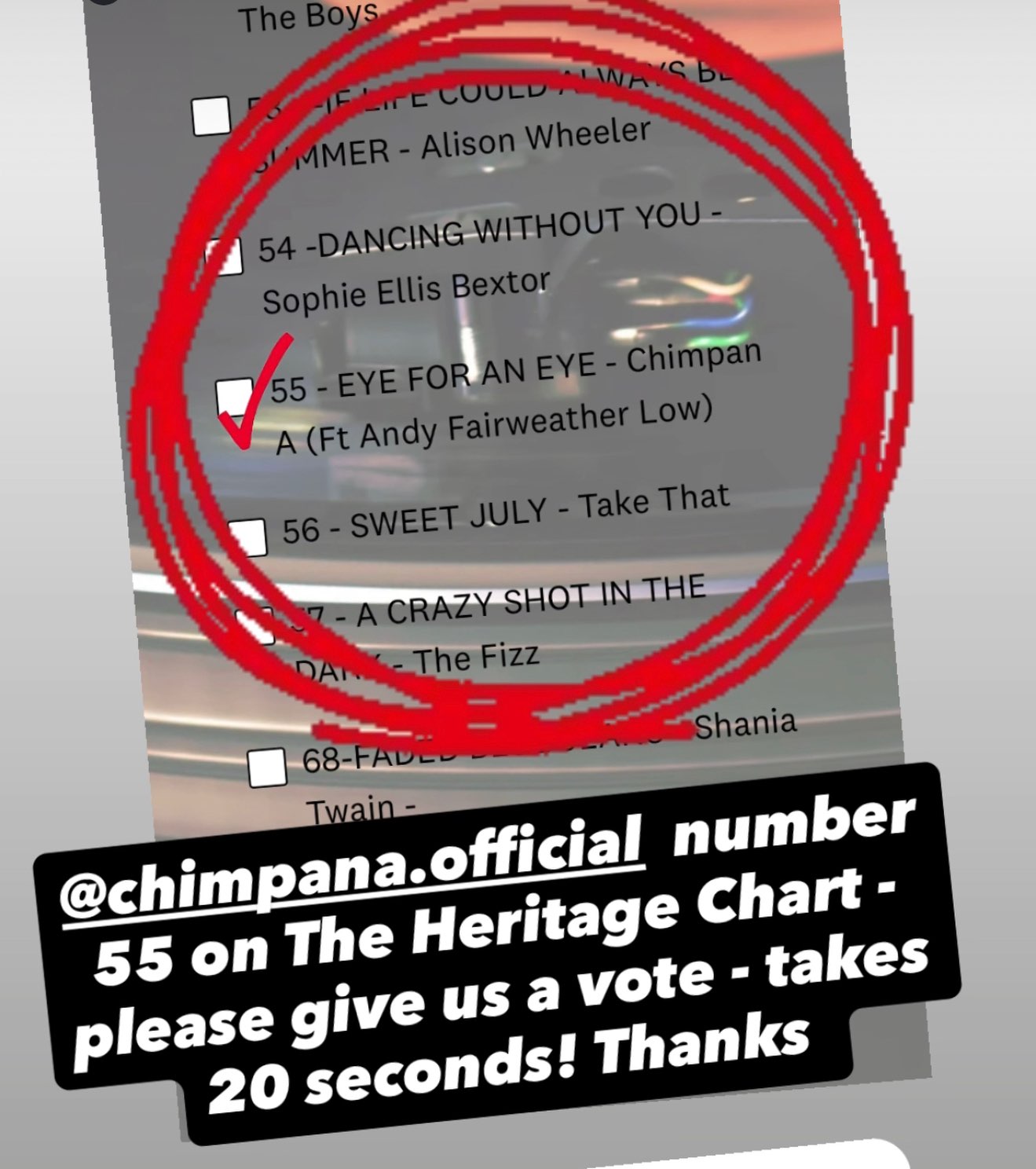 Hello all!
@chimpana.official are number 55 on The Heritage Chart.
If you could please give us a vote, it takes a few seconds - the link is in the bio and story. Thanks a million, Steve ❤️🙏❤️
#thankyou #love
