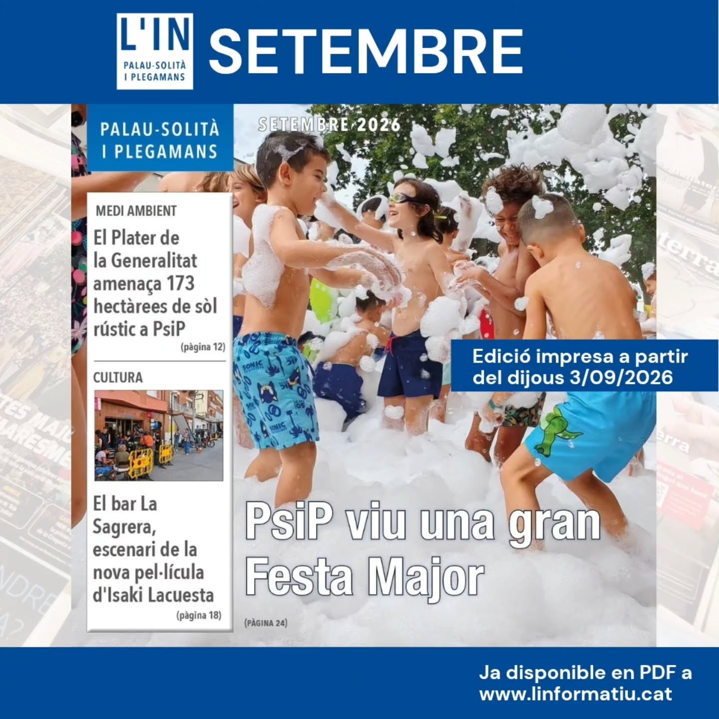 SETEMBRE. L'Informatiu amb el resum del bo i millor de la Festa Major ja és camí de la impremta. Si no voleu esperar a llegir-lo en paper, el teniu ja disponible en PDF. A partir de dijous podreu aconseguir l'edició impresa en els llocs habituals de distribució.
L'ENTREVISTA
🔸Alejandro Jiménez. lingüista expert en llengües minoritàries: "El català està més en perill d'extinció que el groenlandès"
SECCIONS
🔸Patrimoni: Finestres obertes a la història, article de J.M. Farnés
🔸Un estiu, l'article de J. Pérez Barrachina
ACTUALITAT
🔸 El Plater de la Generalitat amenaça 173 hectàrees de sòl rústic a PsiP
🔸 Pas endavant per la connexió del carrer Indústria amb l'avinguda Catalunya
🔸 Oberta la convocatòria per conrear 30 nous horts a Boada Vell
🔸 El bar La Sagrera, escenari de la nova pel·lícula d'Isaki Lacuesta
🔸 La comèdia, fil conductor de la nova temporada del Teatre de la Vila
🔸 Farrigo Farrago té a punt el calendari d'una nova edició de L'Escotilló
🔸 Metall, guitarra i acordions per la 52a edició de les Nits Musicals
🔸 La fotografia no falta a la seva cita amb la Festa Major
🔸 Alegria, color, música i diversió en la Festa Major 2026
#palausolitaiplegamans #Psip #fmpsip26
@skogaslinguae @skogaslinguae.cat @josep_farag @perefarnes @historiapsip @barrachina66 @albert.tatua @ercpalau @pscpalau @juntsperpalausolitaiplegamans @cuppalausip @duran_molins @farrigofarrago @amicsmusicapsp @artsfoto_psip @tdla_psip @cabresivaquespalau @elsdeixebles2012 @palaumedieval @agrupacio_palau @escamarlans_palau @ccapalauplegamans