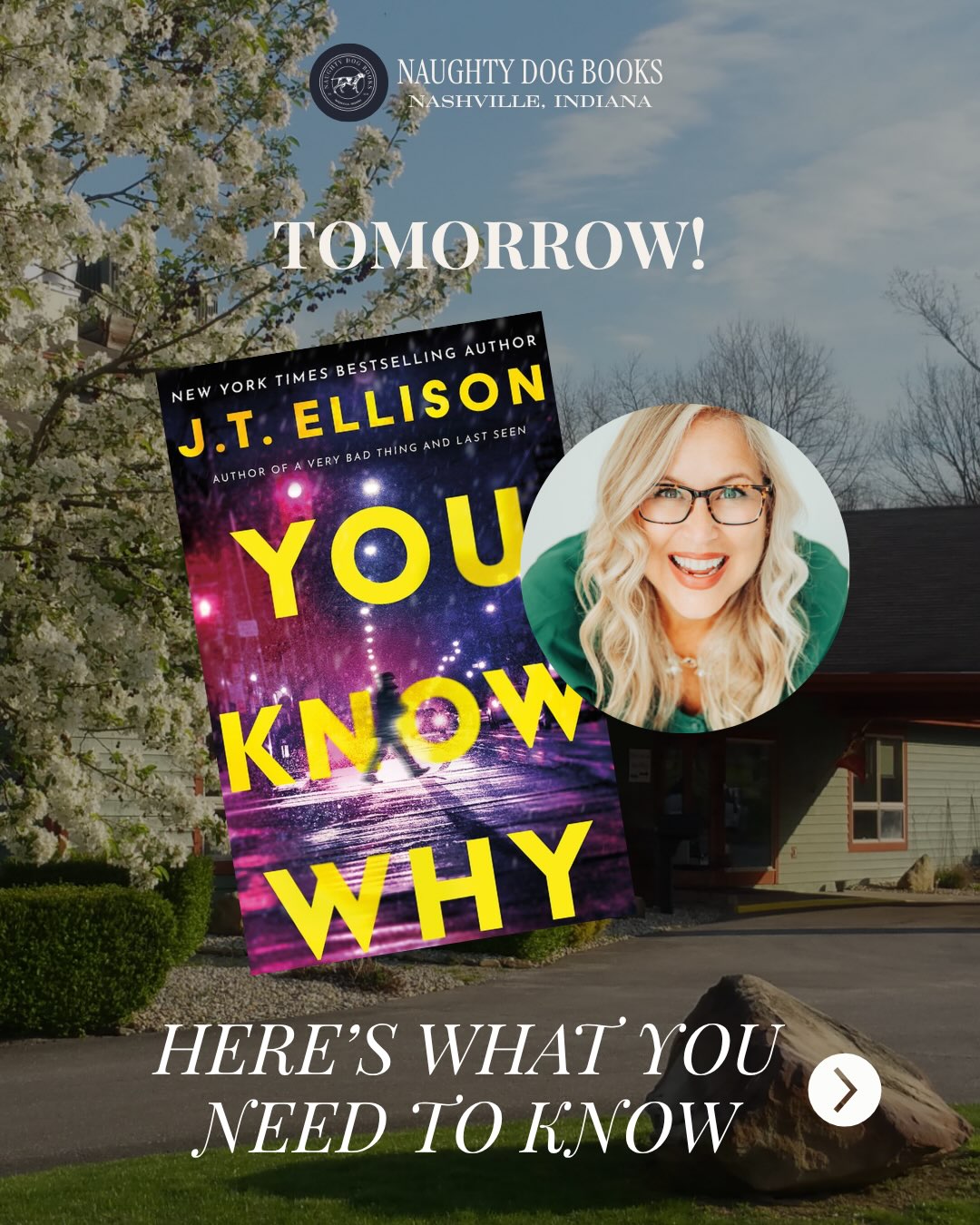 The countdown is on!! J.T. Ellison will be joining us TOMORROW to share about her new thriller, You Know Why.✈️👤 Here are a few things to note before the big day!
Haven’t purchased your tickets yet? Head on over to www.naughtydogbooks.com/upcomingevents to secure your spot!