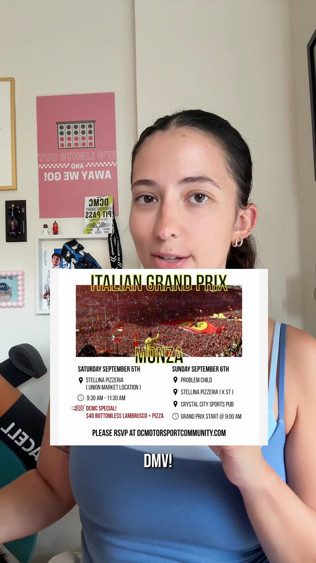 🏁 The Temple of Speed 🏁
MONZA GRAND PRIX WEEKEND IS HERE!
SATURDAY | SEPTEMBER 5
🇮🇹 ITALIAN GP QUALIFYING PARTY
📍 Stellina Pizzeria | Union Market | 399 Morse St. NE, WDC
⏰ 9:30–11:30 AM
We’re kicking off our annual #DCF1 Italian Grand Prix Party at Stellina Pizzeria in Union Market with Qualifying, pizza, and Lambrusco. 🍕🍷🏎️
For $40, enjoy bottomless Lambrusco + Stellina pizza while we watch the grid battle it out at Monza.
Join us for our annual Italian GP celebration as we watch Qualifying over plenty of pizza and bubbles.
SUNDAY | SEPTEMBER 6
🏁 ITALIAN GRAND PRIX
📍 Problem Child | 1201 Half St SE, WDC
📍 Stellina Pizzeria | K Street | 508 K St NW, WDC
📍 Crystal City Sports Pub | 529 23rd St S, Arlington, VA
⏰ Race Start | 9:00 AM
Pick your home base and come watch one of the most iconic races on the F1 calendar with the DCMC community.
Salute & Forza! 🥂🏁
PLEASE RSVP!! 🏎️💨