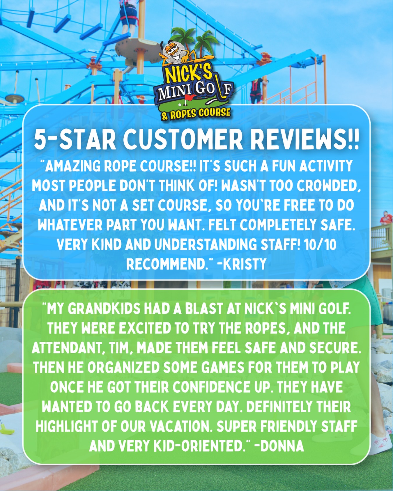 ⭐️⭐️⭐️⭐️⭐️
We love seeing the smiles, hearing the stories, and knowing you had an amazing time! 🤩
What are you waiting for!? Check out our Ropes Course on 21st Street, then stay for a round of mini golf! ⛳️