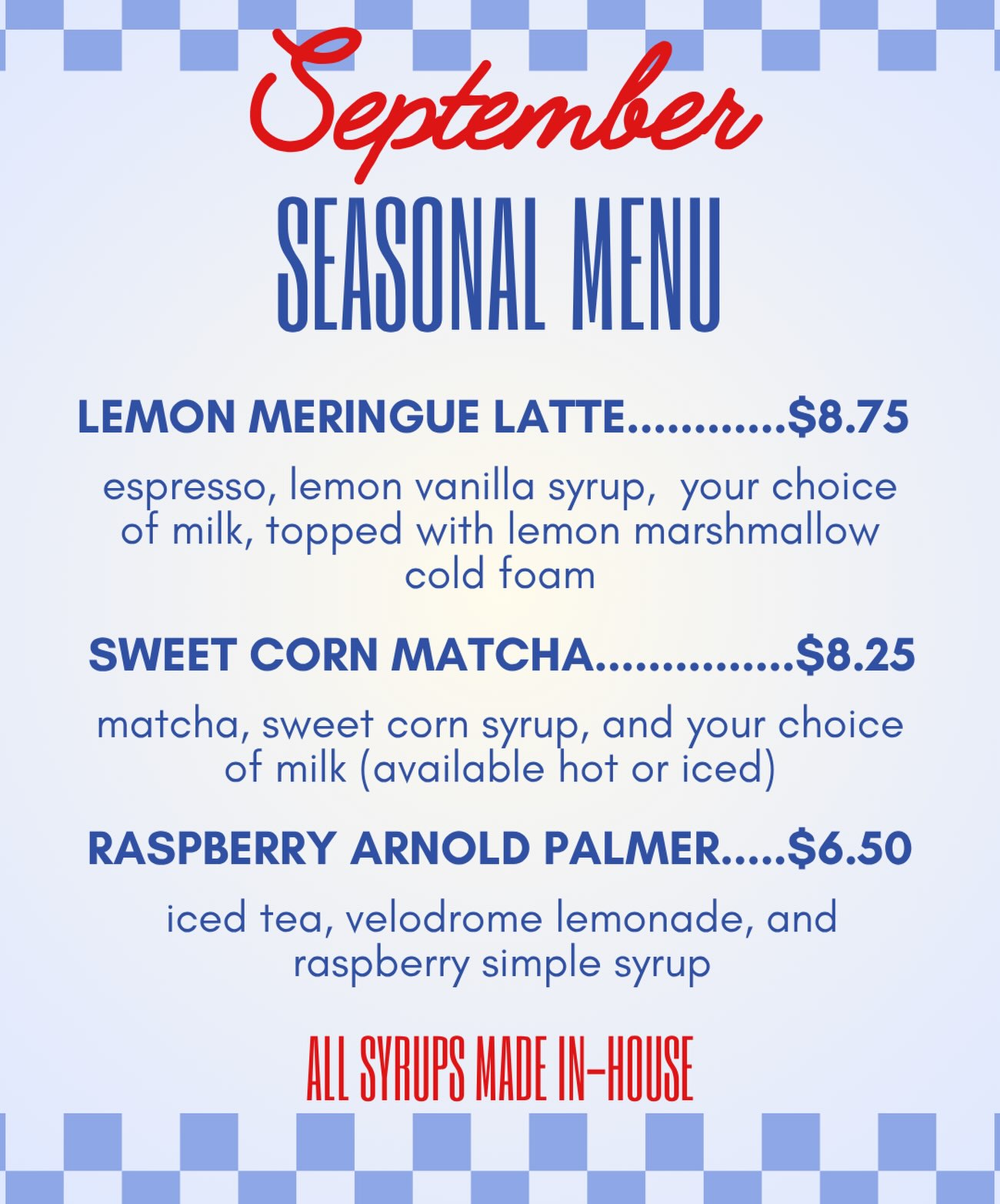 New month, new menu! September menu is here! Stop by any day from 8 am - 4 pm to try these delicious drinks! Cheers🍋🌽☕️💕