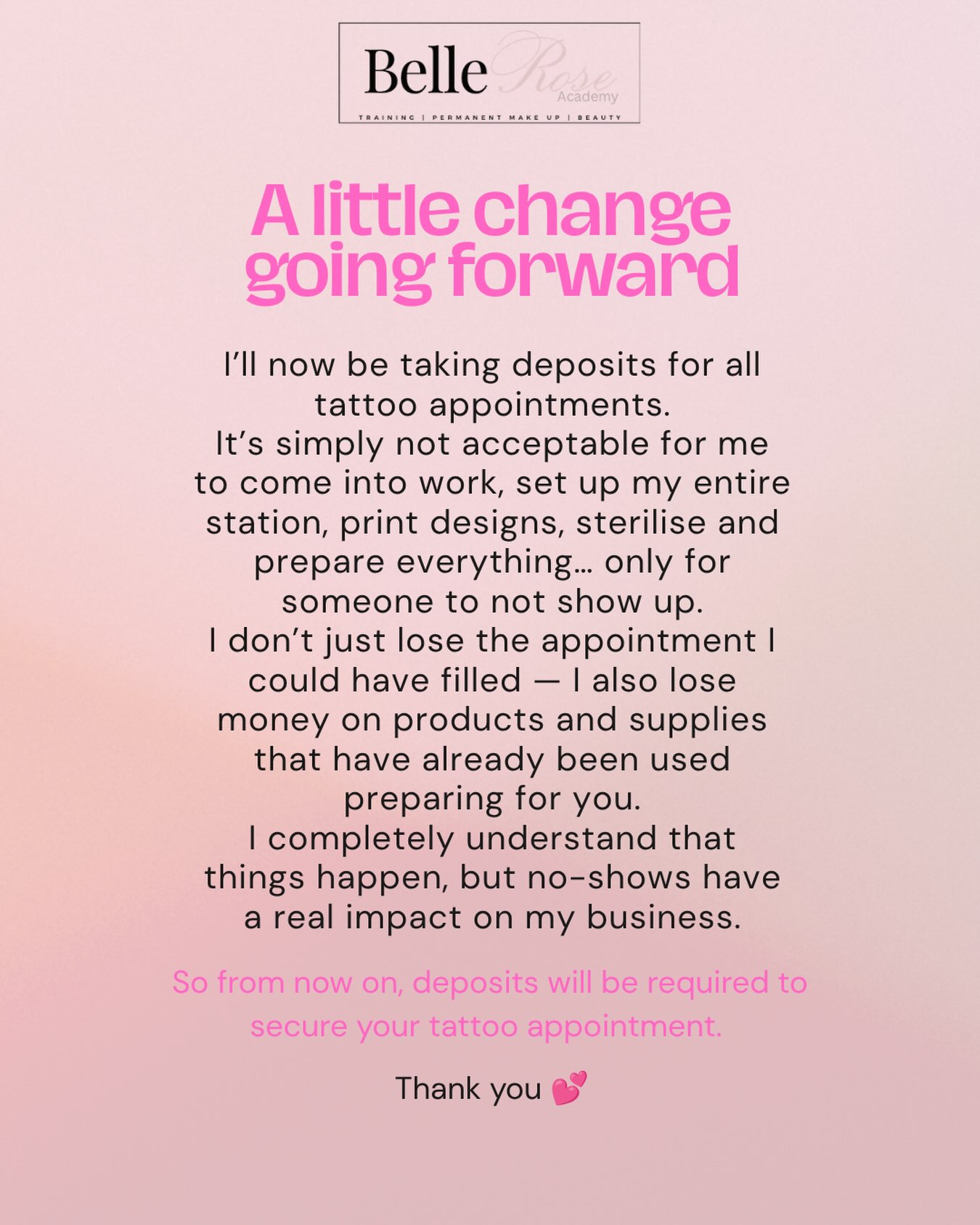 A little change going forward 🤍
I’ll now be taking deposits for all tattoo appointments.
It’s simply not acceptable for me to come into work, set up my entire station, print designs, sterilise and prepare everything… only for someone to not show up.
I don’t just lose the appointment I could have filled — I also lose money on products and supplies that have already been used preparing for you.
I completely understand that things happen, but no-shows have a real impact on my business.
So from now on, deposits will be required to secure your tattoo appointment. 🤍
Thank you for your understanding 💕 xx