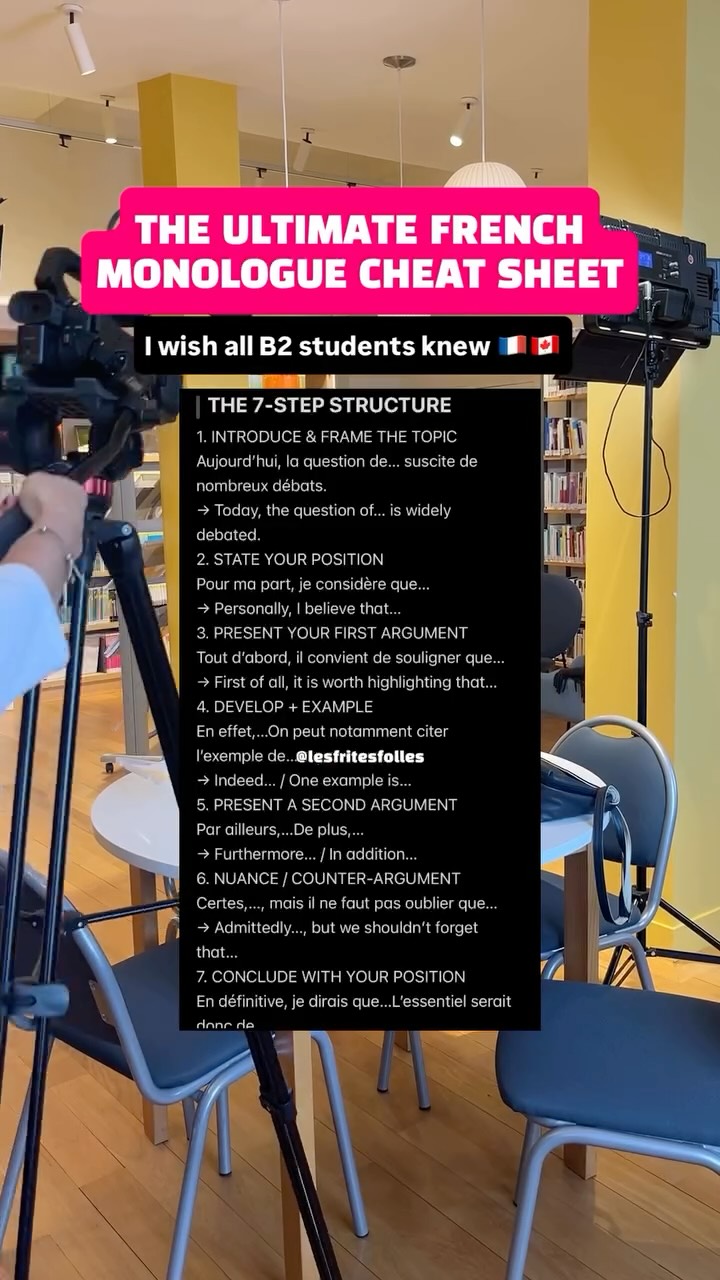 Stop trying to sound “advanced”✅ start sounding STRUCTURED. 🧠🇫🇷
At B2, it’s not just about knowing more vocabulary. You need to be able to:
✨ Express a clear opinion
✨ Develop your arguments
✨ Give relevant examples
✨ Introduce a counter-argument
✨ Nuance your ideas
✨ Finish with a strong conclusion
So here’s a 7-step structure you can use to build a strong French monologue on almost any topic.
📌 Save this for your next speaking practice!
Want the FREE B2 Monologue Cheat Sheet with the structure + a complete example?
Comment “B2” and I’ll send it to you in DM. 👀
#LearnFrench #FrenchB2 #FrenchSpeaking #FrenchTips #FrenchLanguage LearnFrenchOnline LesFritesFolles