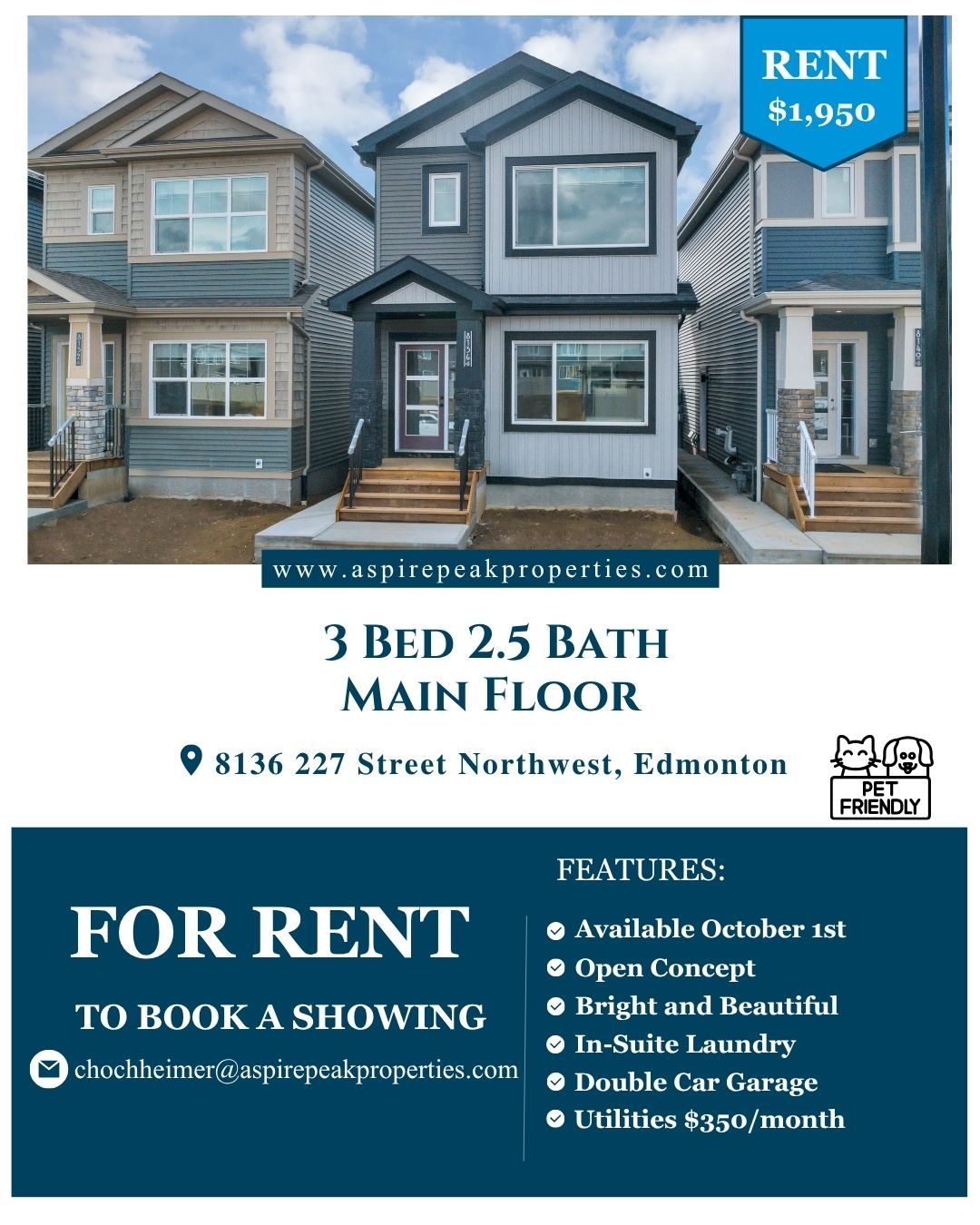 🏡 FOR RENT: 3 BED + 2.5 BATH MAIN FLOOR UNIT IN ROSENTHAL, EDMONTON!
This fabulous newer unit at 8136 227 Street NW is bright, open, and beautiful!
🛋️ Open concept floorplan with LVP flooring + pot lights throughout
☀️ Large windows let natural light flow through the whole unit
🍳 Elegant kitchen with stainless steel appliances + peninsula, perfect for on-the-go mornings
🛁 Back entry 1/2 bath with extra storage
🧺 In-suite laundry upstairs
🌿 Fenced shared backyard
Upstairs you'll find:
🛏️ 2 good-sized bedrooms + guest bath
👑 Primary bedroom suite with ensuite + walk-in closet
And it's PET FRIENDLY, up to 2 pets! 🐾
🚭 No smoking or cannabis — building policy
📍 Rosenthal has beautifully landscaped trails, waterfalls, fountains, a BMX track, and a themed floral playground & water park for hot summer days. Connected to Whitemud Drive and Anthony Henday, with River Cree Resort, West Edmonton Mall, and West Henday Promenade close by for all your shopping needs.
📅 Available October 1st
💡 Utilities: flat rate $350/month
💰 Rent: $1,950/month
📝 Online application + credit check required
Book your showing today:
📧 chochheimer@aspirepeakproperties.com
📞 (587) 997-1257
🌐 aspirepeakproperties.com
AspirePeak Properties loves helping you find home 💙
#EdmontonRentals #YEGRentals #RosenthalYEG #AspirePeakProperties #PetFriendlyRentals
