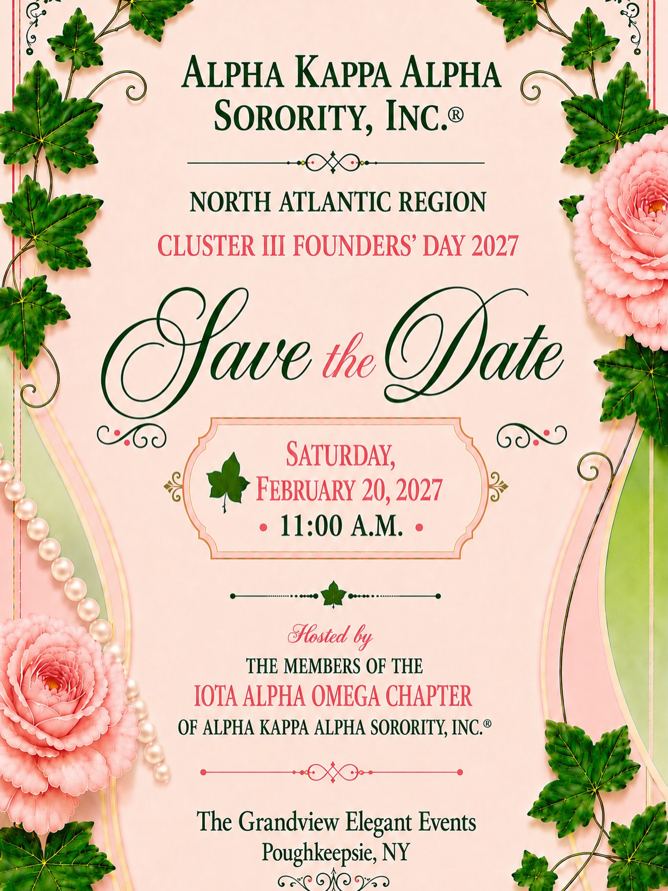 ✨Save the Date✨
Alpha Kappa Alpha Sorority, Incorporated®️, Iota Alpha Omega Chapter, is the proud host of the 2027 Cluster III Founders’ Day Luncheon.
Save the Date: Saturday, February 20, 2027
Details to follow. 💕💚
#alphakappaalphasororityincorporated
#iotaalphaomega
#ClusterIII
#midhudsonvalley