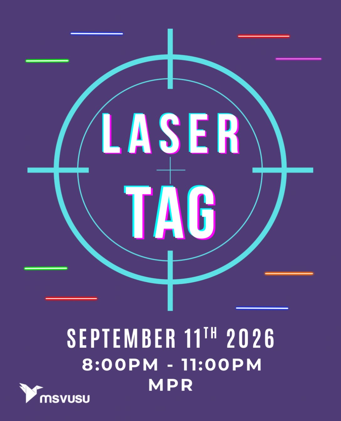 Join us for an evening of fun on Friday, September 11th from 8-11pm for some Laser Tag!
ALSO get a FREE Monster Energy Drink when you come to the event! While supplies last.
#msvusu #msvu #orientation