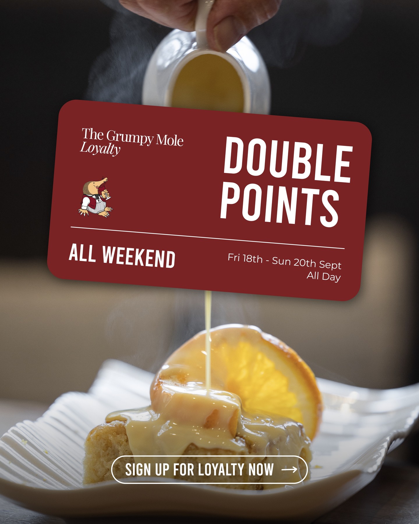 We’re excited to announce our second Grumpy Mole Loyalty DOUBLE POINTS WEEKEND!
From Friday 18th through to Sunday 20th, you'll earn 2 loyalty points for every £1 you spend, helping you get even closer to unlocking fantastic rewards (see second slide for reward details) 👀
If you haven’t already signed up for Grumpy Mole Loyalty, this is the perfect time before the weekend to secure your sign up drink and get a big head start to your first free starter, dessert, main course, bottle of wine and Birthday gift!
See you this weekend at The Grumpy Mole. Book your table via the link in our bio!
#thegrumpymole #rewards #loyalty #doublepoints #weekend