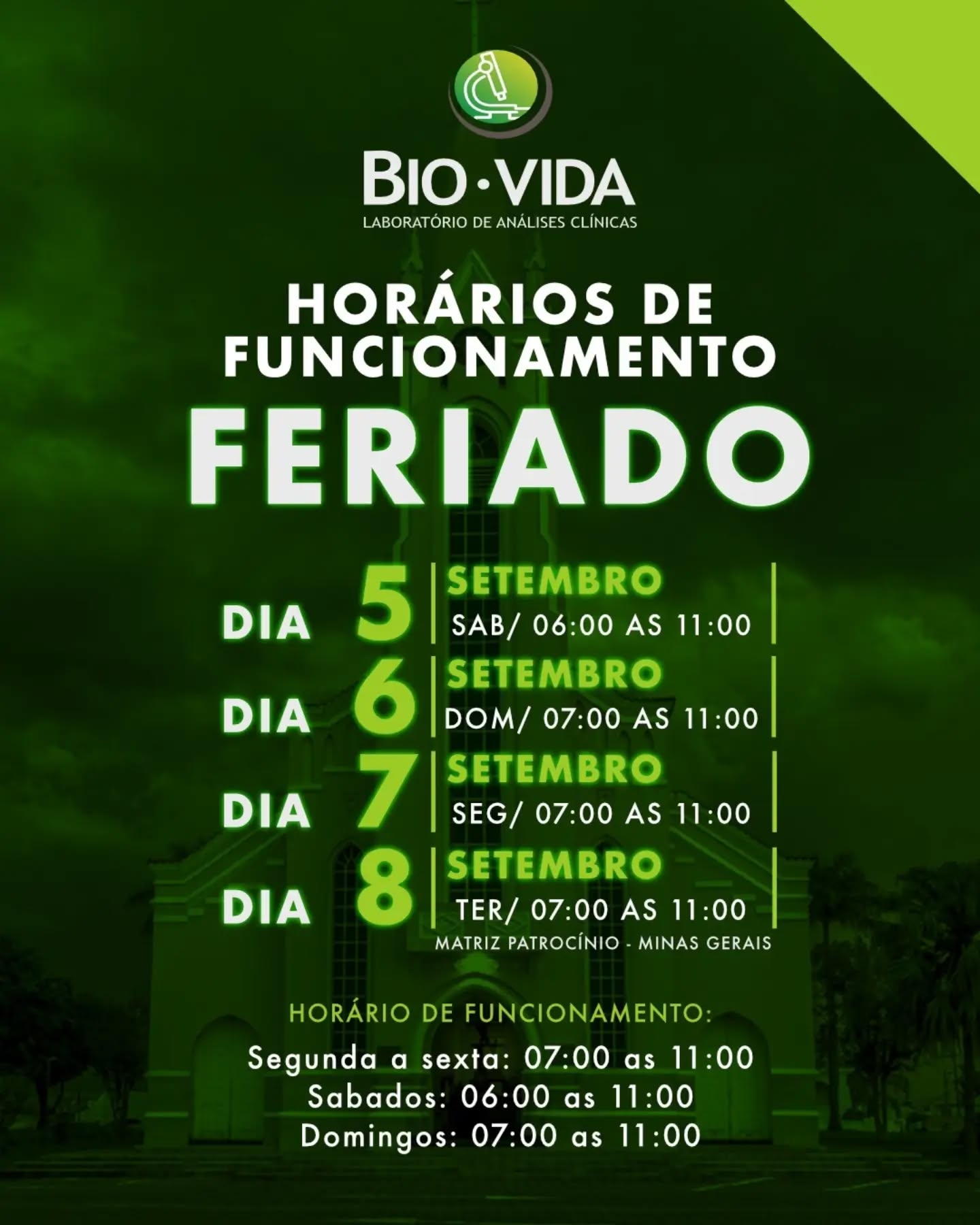 📢 Atenção aos nossos horários de funcionamento! 💚🔬
O mês de setembro começa com alguns dias especiais, pois teremos feriado prolongado, por isso é importante ficar atento aos horários de atendimento do Laboratório Bio Vida. 🧪
📅 Dia 5 – Sábado: 06h às 11h
📅 Dia 6 – Domingo: 07h às 11h
🇧🇷 Dia 7 – Feriado Nacional: 07h às 11h
📍 Dia 8 – Feriado Municipal em Patrocínio: 07h às 11h
Organize-se e conte com a gente para cuidar da sua saúde! 💚