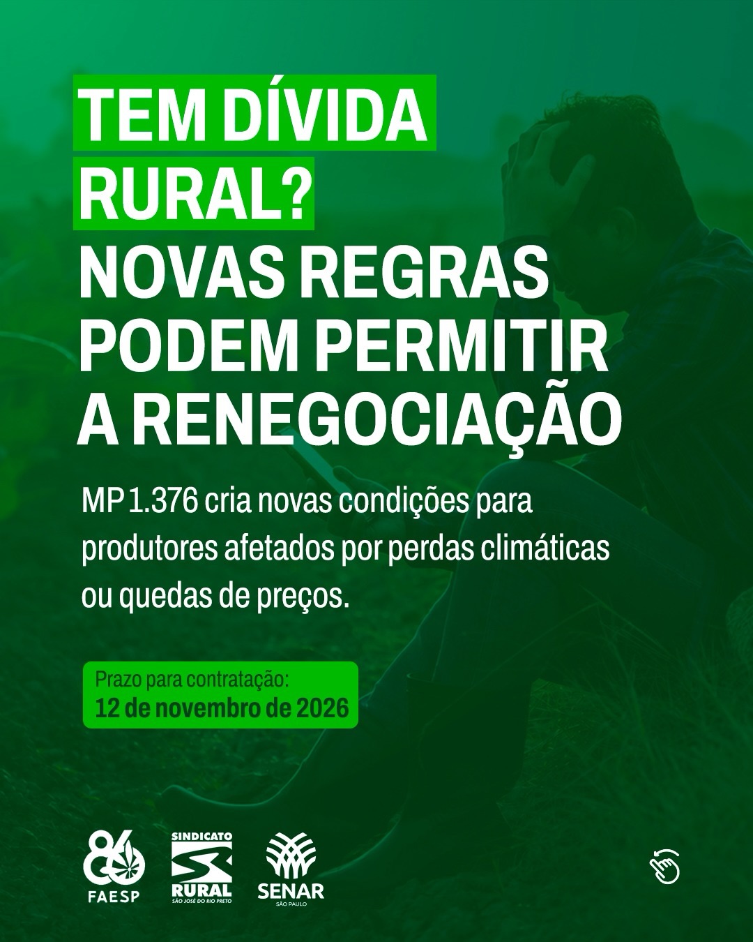 O produtor rural que enfrentou perdas provocadas por adversidades climáticas ou pela queda nos preços de comercialização pode ter uma nova possibilidade para reorganizar suas dívidas.
A MP 1.376/2026, regulamentada pela Resolução CMN nº 5.330/2026, criou condições especiais para a composição de determinadas dívidas rurais. Dependendo do enquadramento e da intensidade das perdas, o prazo para pagamento pode chegar a 10 anos, com 2 anos de carência para o principal.
⚠️ E atenção: não é necessário que o município tenha decretado situação de emergência ou calamidade para o produtor se enquadrar. Porém, é necessário comprovar as perdas por meio de laudo técnico emitido por profissional habilitado, demonstrando a relação entre os prejuízos e as operações que serão renegociadas.
Não espere o banco procurar você.
Se você acredita que pode se enquadrar:
✅ Procure sua instituição financeira;
✅ Formalize seu interesse na renegociação;
✅ Providencie o laudo técnico;
✅ Reúna a documentação necessária;
✅ Verifique seu enquadramento e as condições aplicáveis ao seu caso.
📅 O prazo para contratação vai até 12 de novembro de 2026.
O Sindicato Rural está ao lado do produtor, levando informação para que você possa conhecer seus direitos, entender as novas condições e se organizar com antecedência.
Salve este post e compartilhe com um produtor que pode precisar dessa informação.
Telefone: (17) 3232-5115⠀
Site: www.sindicatoruralsjrp.com.br
#SindicatoRural #RenegociaçãoDeDívidas #Agronegócio #ProdutorRural #SãoJoséDoRioPreto