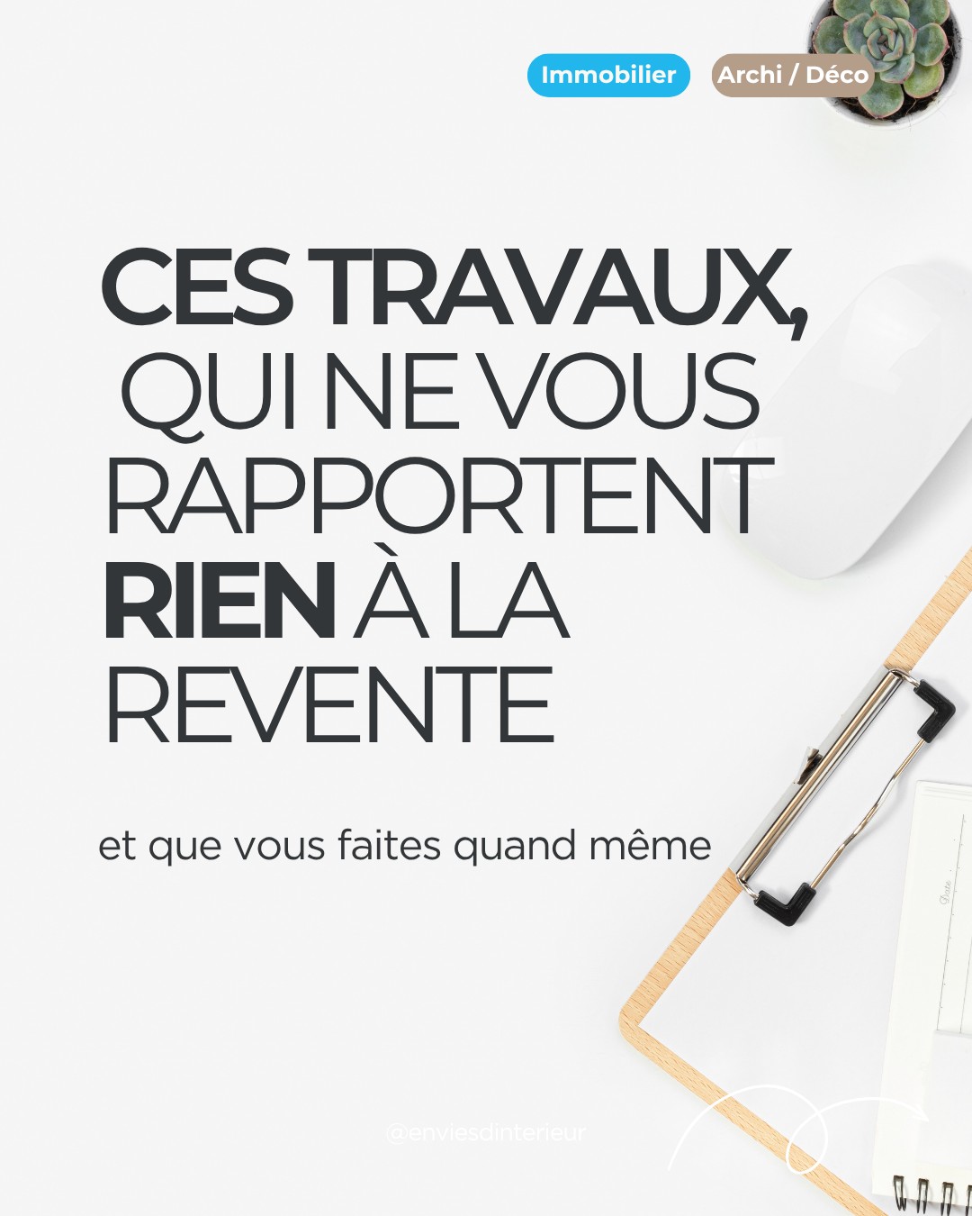 Vous pensez que tous vos travaux se retrouvent dans le prix de vente ?
Evidemment que c'est faux. Certains investissements ne rapportent rien à la revente, et je vous explique lesquels dans ce carrousel. Et si vous voulez en savoir plus faite un tour sur mon blog (lien en bio).
Décoratrice ET conseillère en immobilier je vois les deux côtés du miroir : celui du propriétaire qui embellit, et celui de l'acheteur qui visite. Ces deux regards ne se rejoignent pas toujours.
Sauvegardez ce post avant de lancer vos prochains travaux ou contactez moi pour avoir un avis extérieur.