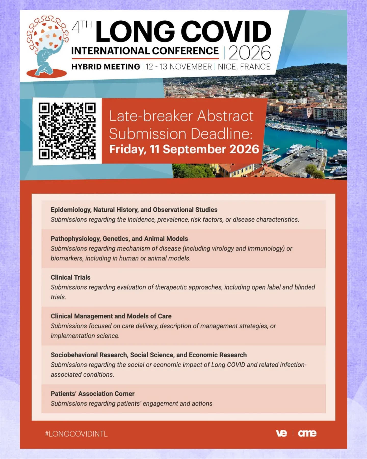 🧵🌍 La recherche sur le #CovidLong doit continuer à avancer, et les connaissances doivent être partagées au-delà des frontières.
Les 12 et 13 novembre 2026, la 4ᵉ Long COVID International Conference réunira à Nice, en France, et en ligne, chercheurs, cliniciens et acteurs engagés autour des avancées scientifiques et de la prise en charge du Covid Long.
#LongCOVIDintl
🔬 Les échanges internationaux sont essentiels.
Le partage des connaissances est aujourd’hui indispensable pour progresser vers des recommandations internationales sur le Covid Long, améliorer la prise en charge clinique et faire avancer les options thérapeutiques.
La conférence sera un espace important pour confronter les données, les expériences et les perspectives.
📢 Vous avez des travaux de recherche à présenter ?
Les soumissions de Late-breaker Abstracts sont actuellement ouvertes.
C’est l’occasion de partager des résultats récents et de contribuer à la discussion scientifique internationale sur le Covid Long.
⏰ Date limite : 11 septembre 2026
🧬 Les contributions scientifiques peuvent ainsi participer à faire émerger de nouvelles connaissances sur le Covid Long et à nourrir les discussions autour de :
• la prise en charge clinique
• les traitements
• les mécanismes de la maladie
• les avancées de la recherche
🌍 Parce que les connaissances doivent circuler pour permettre des progrès collectifs.
📍Long COVID International Conference 2026
📅 12–13 novembre 2026
📌 Nice, France
💻 Participation également possible en ligne
Une occasion de réunir la communauté internationale autour d’un objectif commun : faire progresser les connaissances et la prise en charge du Covid Long.
📝 Soumettre un abstract : urlr.me/Z8kAVy
⏰ Deadline : 11 septembre 2026
🎟️ Informations & programme :
urlr.me/6nDyzC
🎫 Inscriptions :
urlr.me/6dnrXW
🤝 Le partage des connaissances est essentiel pour construire une meilleure compréhension du CovidLong et faire progresser sa prise en charge.
#LongCOVIDintl #LongCovid #Apresj20