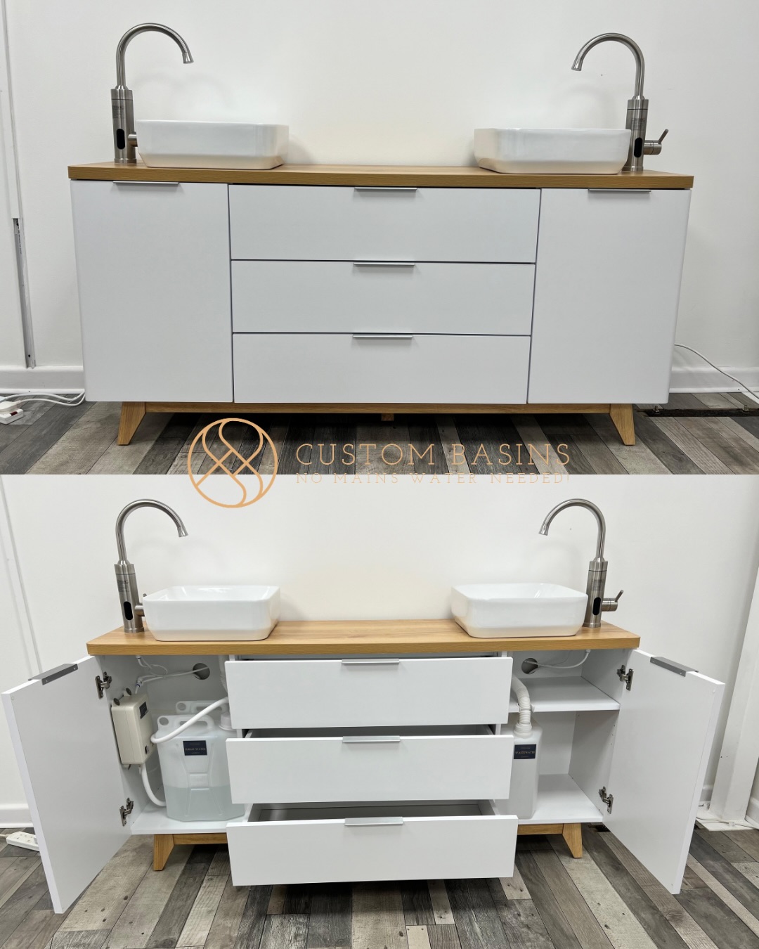 When one sink just won’t do 😉
This unit was designed for a customer in Manchester, and we LOVE how it turned out!
A 1.6m bespoke white and wood-effect unit, fitted with our standard system and two taps and two basins…because sometimes one sink just isn’t enough!
Plenty of storage underneath too, while keeping everything looking clean and tidy 👌🏼
And of course, both sinks have hot & cold running water with consistent pressure, without a mains water connection.
Need something a little different for your space? That’s exactly what our bespoke service is for 🙌🏼
Tell us what you have in mind and let’s see what we can create!
#bespokesink #portablesink #nomainswaterconnection #noplumbing