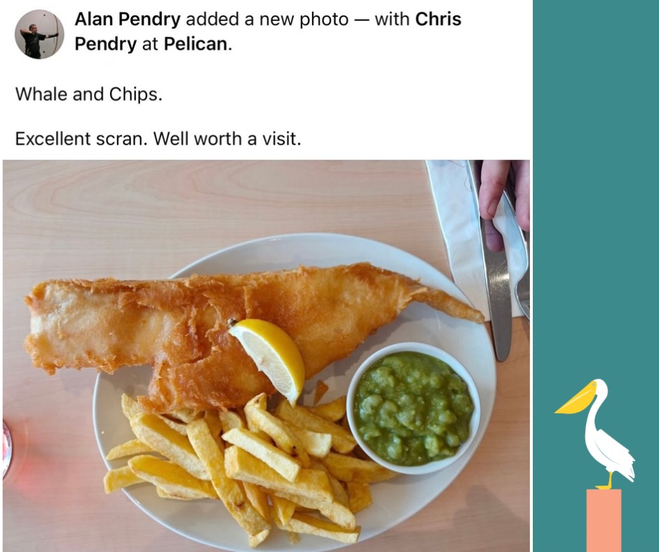 We promise it’s not a whale 😂…although judging by the size of our portions, we can understand the confusion 🐳
✨ THANK YOU to Alan for visiting and sharing this lovely review ✨
👋🏼 Come visit this weekend and enjoy our generous portions for yourself!
#thepelicanfishandchips #supportlocal #fishandchips
