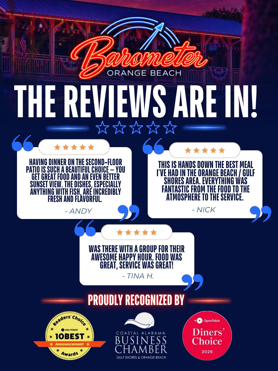 The reviews are in… and Labor Day weekend is almost here. 👀🌊⭐️
Great food, waterfront views, cold drinks, and service worth talking about — but don’t just take our word for it!
We’re proud to have been recognized by USA TODAY 10Best, OpenTable Diners’ Choice, and the Coastal Alabama Business Chamber, and even more grateful for every guest who takes the time to leave us a review. 💙
Haven’t experienced Barometer yet? Labor Day weekend is a pretty good excuse to change that. 😉
Kick things off with us tonight:
🍻 Happy Hour | 4–5 PM
🎶 Colton Wadkins | 5–8 PM
🌊 Waterfront dining + boat parking
And if you’ve visited us recently, leave us a review and let us know how we did!
Long weekend mode starts now. 🇺🇸🍹☀️