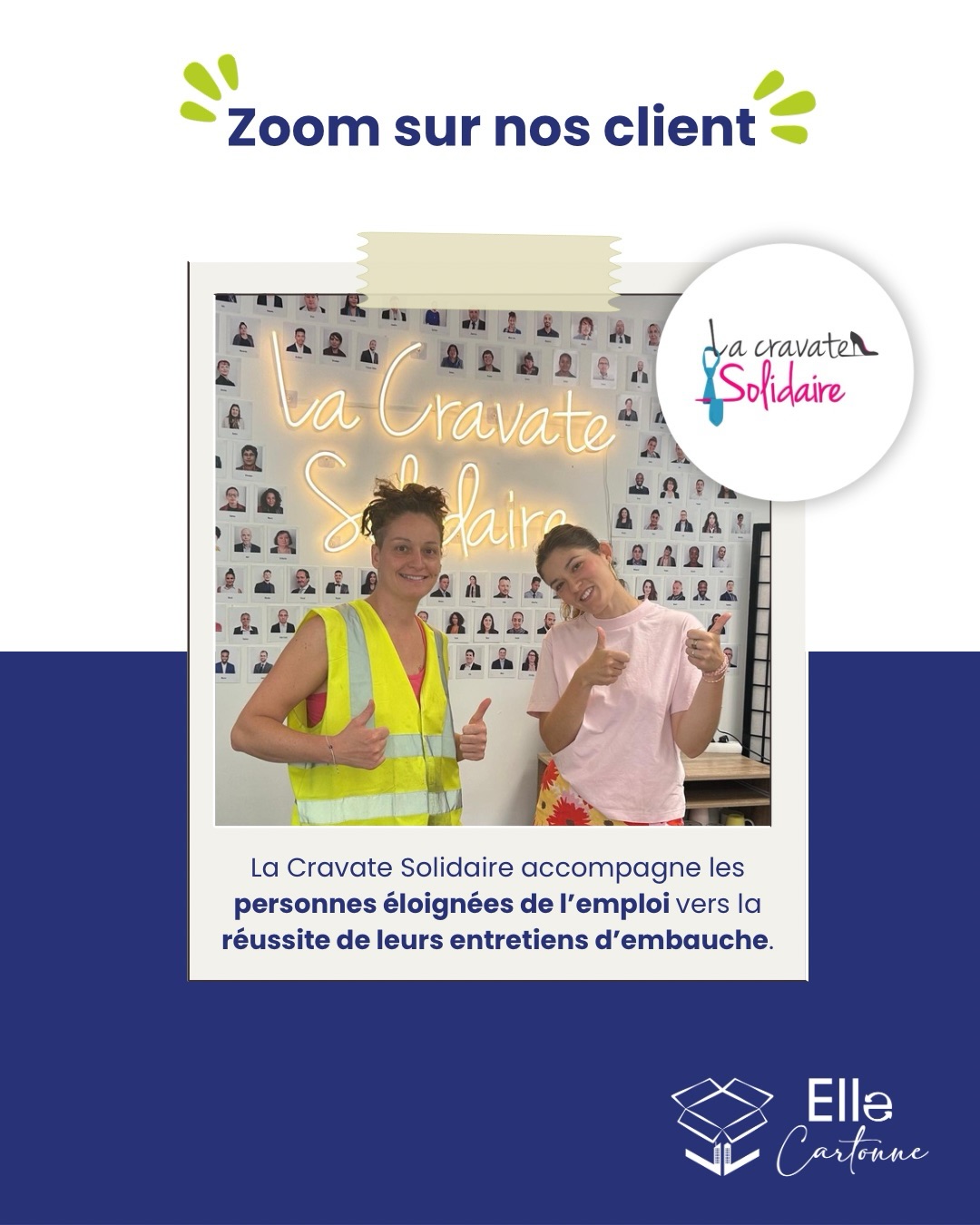Nous sommes ravies de mettre en lumière notre nouveau client, @la_cravate_solidaire_lyon, avec qui nous partageons bien plus qu’une collaboration économique : une démarche écologique et surtout sociale ! 💚📦
La Cravate Solidaire, c’est une association qui accompagne les personnes éloignées de l’emploi en leur donnant les moyens de se présenter à un entretien avec confiance, notamment grâce au don de tenues professionnelles.
Quand deux associations au service des publics éloignés de l’emploi se rencontrent, cela donne naissance à une boucle vertueuse ! 🔄
La Cravate Solidaire nous fait confiance pour donner une seconde vie à ses cartons :
📦 Nous collectons leurs cartons usagés
♻️ Nous les valorisons pour leur offrir une seconde vie
🚚 Et ils repartent dans le circuit afin que la Cravate Solidaire effectue ses collectes de vêtements en entreprise.
Une collaboration qui permet de réduire les déchets, favoriser le réemploi et soutenir une économie plus solidaire, tout en répondant à des besoins concrets sur le terrain. 🌱🤝
Un grand merci à La Cravate Solidaire pour sa confiance et pour cette belle aventure humaine, économique et écologique !