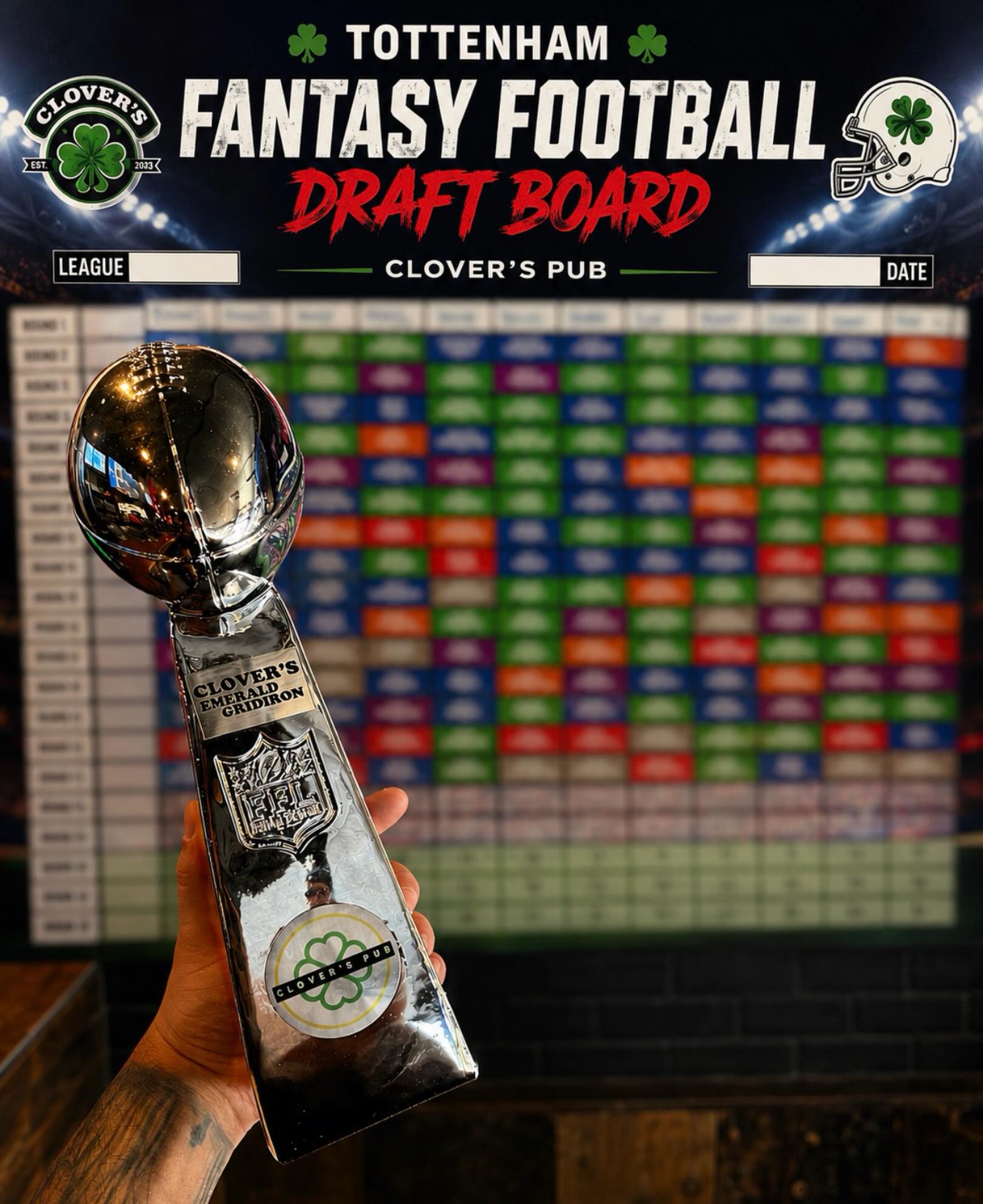 🏆 TOTTENHAM FANTASY FOOTBALL IS BACK! 🍀🏈
The draft board is set, the Clover’s Pub Tottenham trophy is ready, and the competition is heating up! 🔥
👑 Defending Champion: MATT
But the real question is… WHO CAN TAKE HIM DOWN? 👀🏆
The chase for the trophy starts now. 🍀
#CloversPub #CloversPubTottenham #Tottenham #FantasyFootball #FantasyFootballLeague