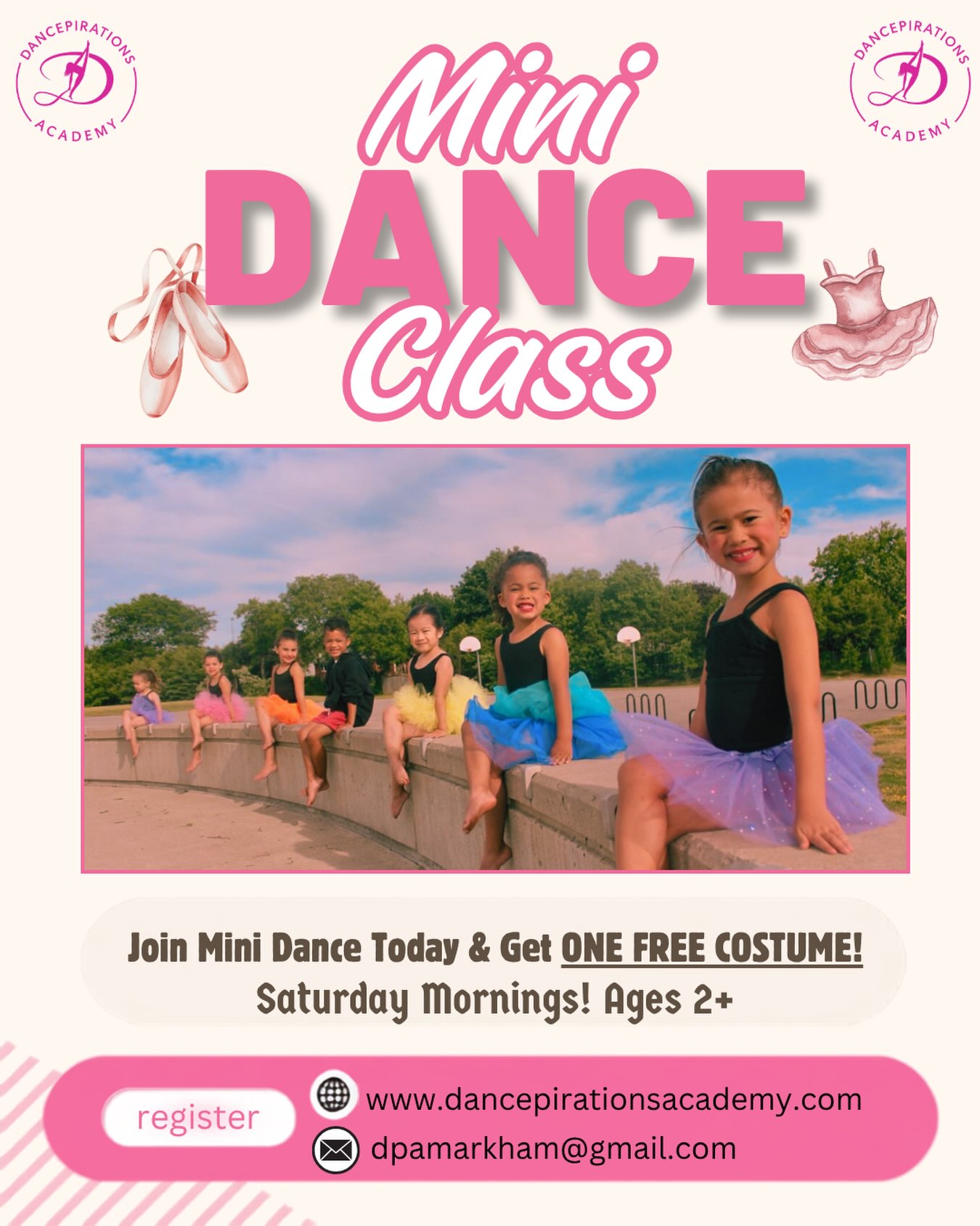 MINI DANCE CLASS IS HERE!!
Our Mini Dance Class is happening EVERY SATURDAY and is the perfect way for your little one to dance, have fun, build confidence, and make new friends!
π JOIN BY SEPTEMBER 14 & RECEIVE A FREE COSTUME FOR OUR YEAR-END RECITAL! π
Give your little dancer a year full of movement, music, and memories. We canβt wait to dance with you! Email, call or fill out our form online to register.