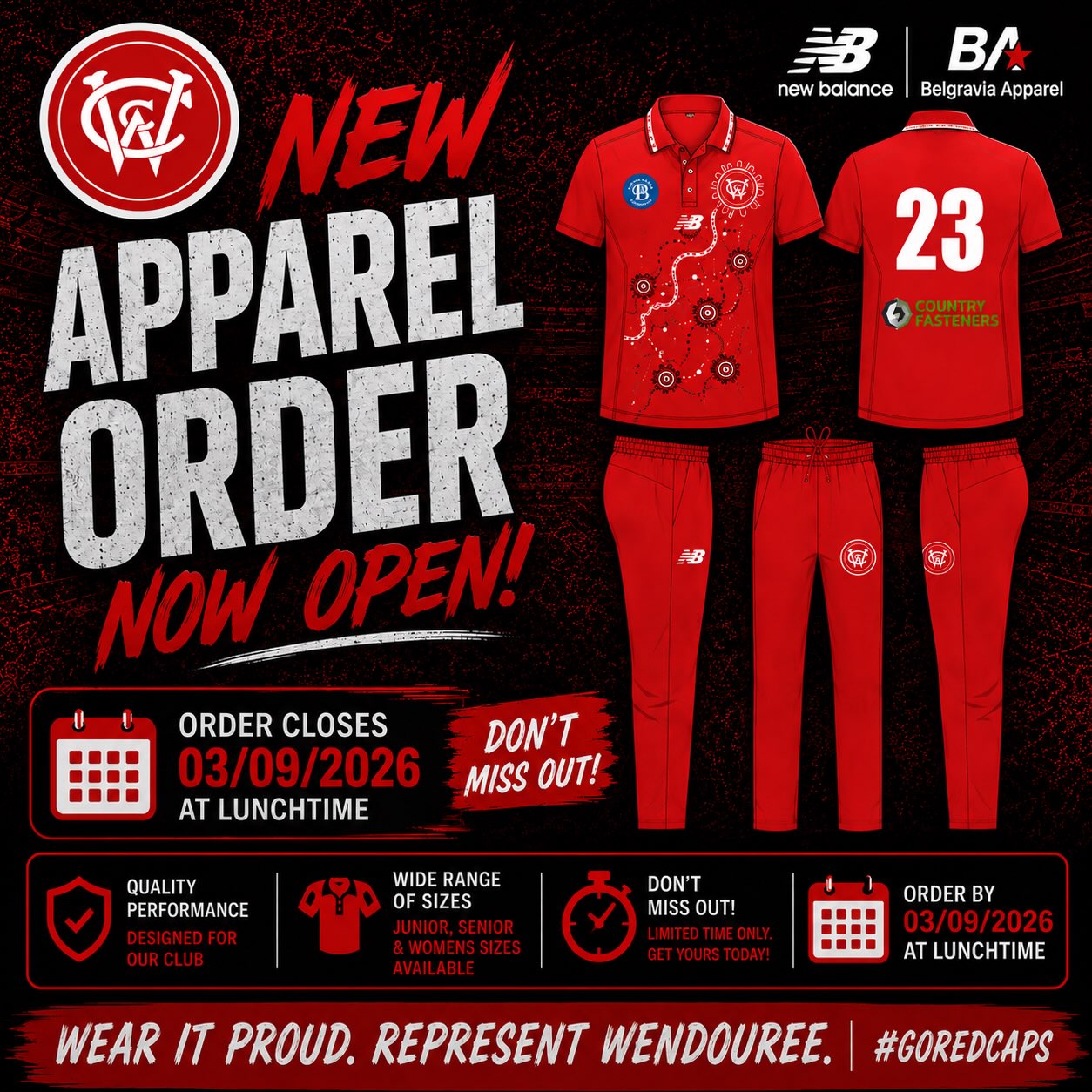 🏏 NEW WCC APPAREL | ORDERS CLOSING SOON 🔴⚪
Our new Wendouree Cricket Club playing apparel is here for season 2026/27!
Our first order will include the new One Day coloured kit and playing creams. We need to get this order away quickly to ensure everything arrives before Round 1.
🔴 NEW ONE DAY KIT
Our coloured playing kit has been completely redesigned, incorporating our Indigenous design for the new season.
⚪ PLAYING CREAMS
Our creams will retain a similar look to our current design. Design will be posted once received.
💰 PRICING
Short Sleeve Playing Top — $50
Coloured or Cream
Long Sleeve Playing Top — $54
Coloured or Cream
Playing Pants — $50
Coloured or Cream
Reversible Vest — $84
Reversible Jumper — $92
🚨 ORDERS CLOSE — LUNCHTIME THURSDAY 3 SEPTEMBER
This first ordering window is short to ensure our new apparel is ready for Round 1.
🏏 JUNIOR PLAYERS – PLEASE NOTE
Junior Cricket:
⚪ Cream WCC Playing Top
⚪ Cream Playing Pants
The coloured One Day top is optional for junior players, but they are more than welcome to purchase one.
🏏 FEMALE JUNIORS – U/14 & U/17
Our U/14 and U/17 female junior players wear:
🔴 One Day Coloured Playing Top
⚪ Cream Playing Pants
The One Day top is required for our U/14 and U/17 female junior players.
✍️ ONE DAY TOP – NAMES & NUMBERS
SENIOR PLAYERS:
Senior One Day tops will have your name AND playing number.
Please provide your current/preferred playing number when ordering.
JUNIOR PLAYERS:
Junior One Day tops can have your name OR no personalisation at all.
Playing numbers will NOT be added to Junior One Day tops.
Names and numbers apply to One Day tops only and will not be added to cream playing tops.
📲 HOW TO ORDER
Send your order to Heath Pyke
📱 0409 090 233
📧 heathpyke@gmail.com
Please include:
• Apparel required
• Sizes
• Seniors – name & current/preferred playing number
• Juniors – name if required, otherwise no personalisation
💳 PAYMENT
Payment can be made before delivery or when your apparel arrives. Contact Heath to organise payment.
🚨 DON’T MISS OUT — ORDERS CLOSE LUNCHTIME THURSDAY!
🔴⚪ NEW KIT. NEW SEASON. SAME RED CAPS.
#GoRedCaps #WendoureeCC #TheNextChapter #Season202627 #WCCApparel