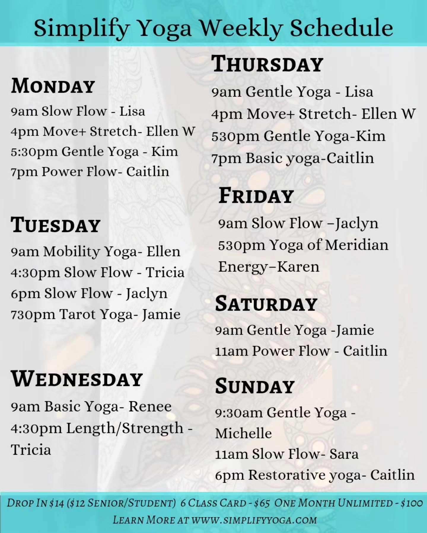 September Schedule!!
⭐️Please note Ellen's classes will begin starting Monday September 14th!
⭐️Saturday's with Jamie are now at 9am!
⭐️Community class will be Sunday with Caitlin (power yoga $5 to drop in) and all other Sunday's are with Sara – class card or drop in!
#simplifyoga #riyoga #yogastudio
#yogaschedule #coventryri