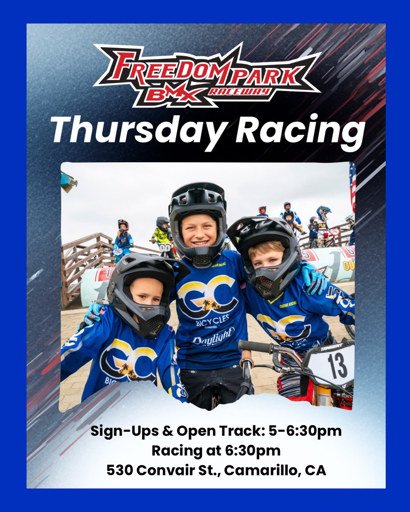 Thursday night racing at Freedom Park BMX 🏁
Sign-ups and open track: 5-6:30PM, racing begins at 6:30PM. $15 per racer. All riders welcome!
See you at the track!
#freedomparkbmx #usabmx #bmxracing #venturacounty #camarillo