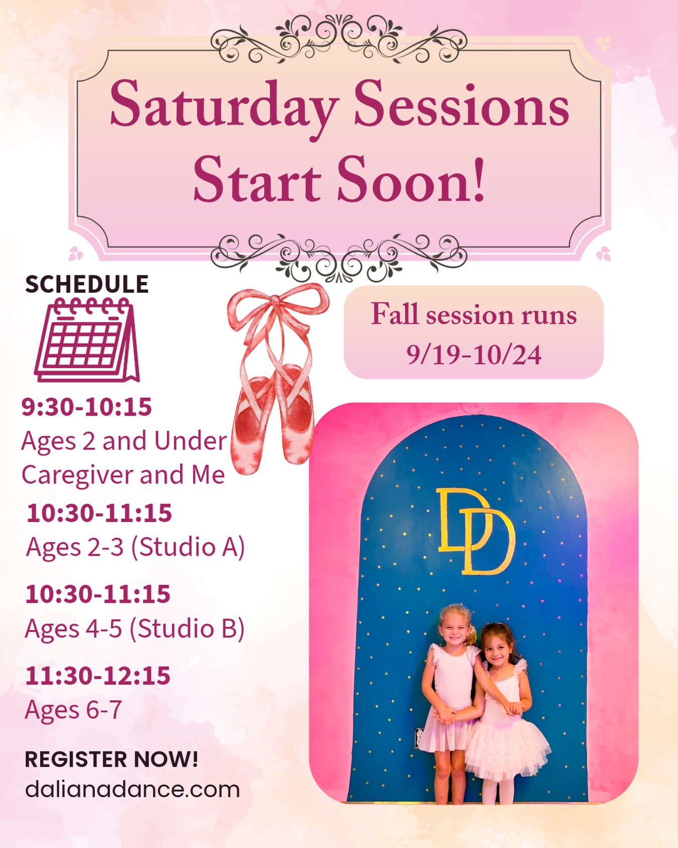 Do you have a young child who loves to dance, but you can’t make it to the studio during the week? Our 6 week sessions are the perfect option for you! Conveniently scheduled on Saturday mornings, these sessions are magically themed and conclude with an enchanting performance. The best part for you? There are no hidden fees! One all-inclusive price covers everything. Join us starting on 9/19 for our Fall session and introduce your child to the world of dance.
Class times ⬇️
9:30-10:15 Ages 6 months-2.5 (Caregiver and Me)
10:30-11:15 Ages 2-3 (studio A)
10:30-11:15 Ages 4-5 (Studio B)
11:30-12:15 Ages 6-7
#childrensdance #mommyandme #triadmoms #preschooldance #toddlerdance